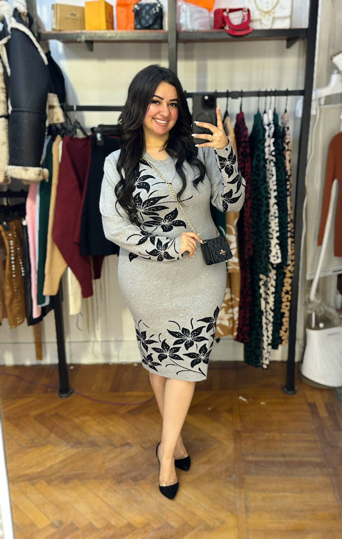 Mini Knit Dress with Floral Motif
