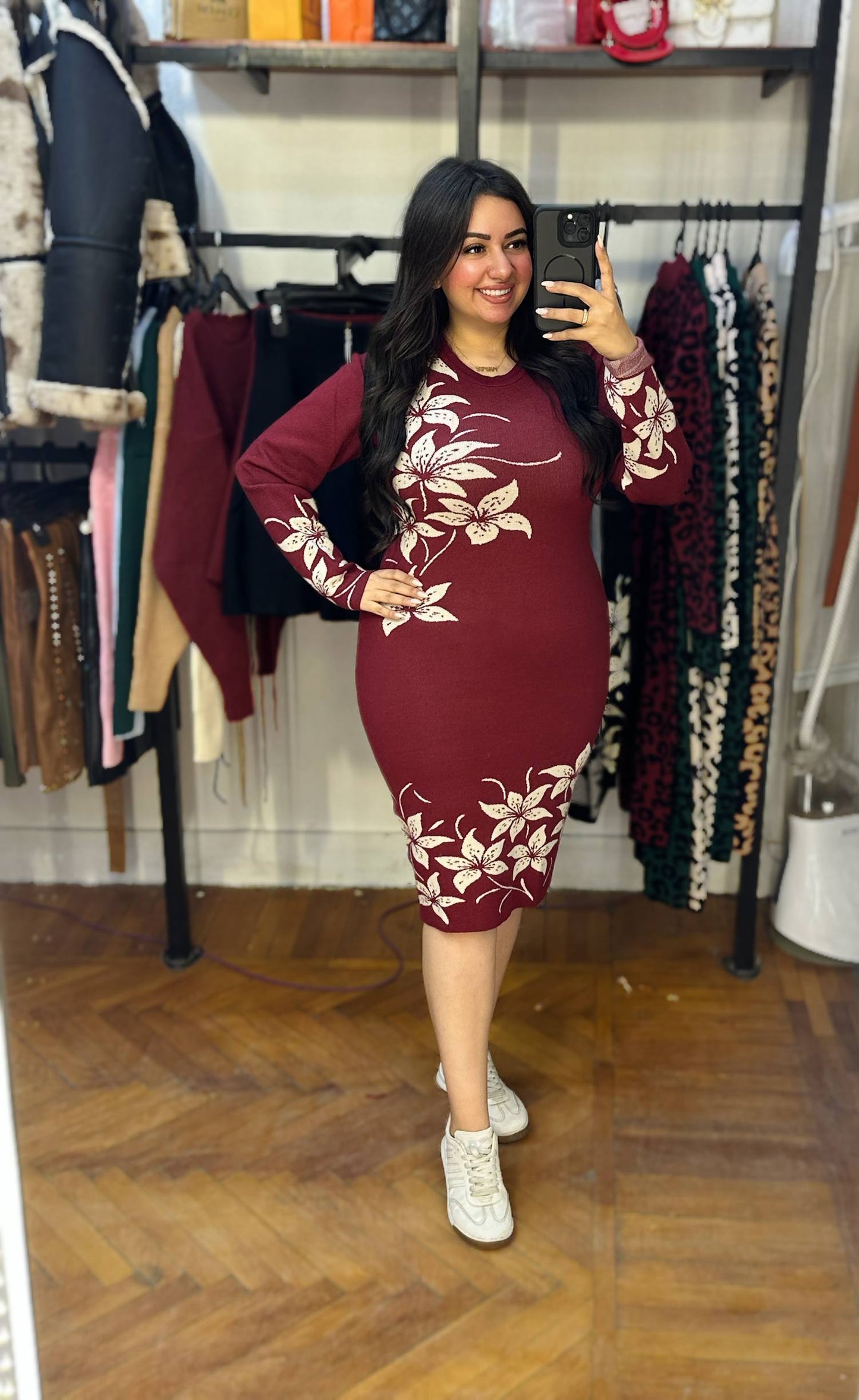 Mini Knit Dress with Floral Motif