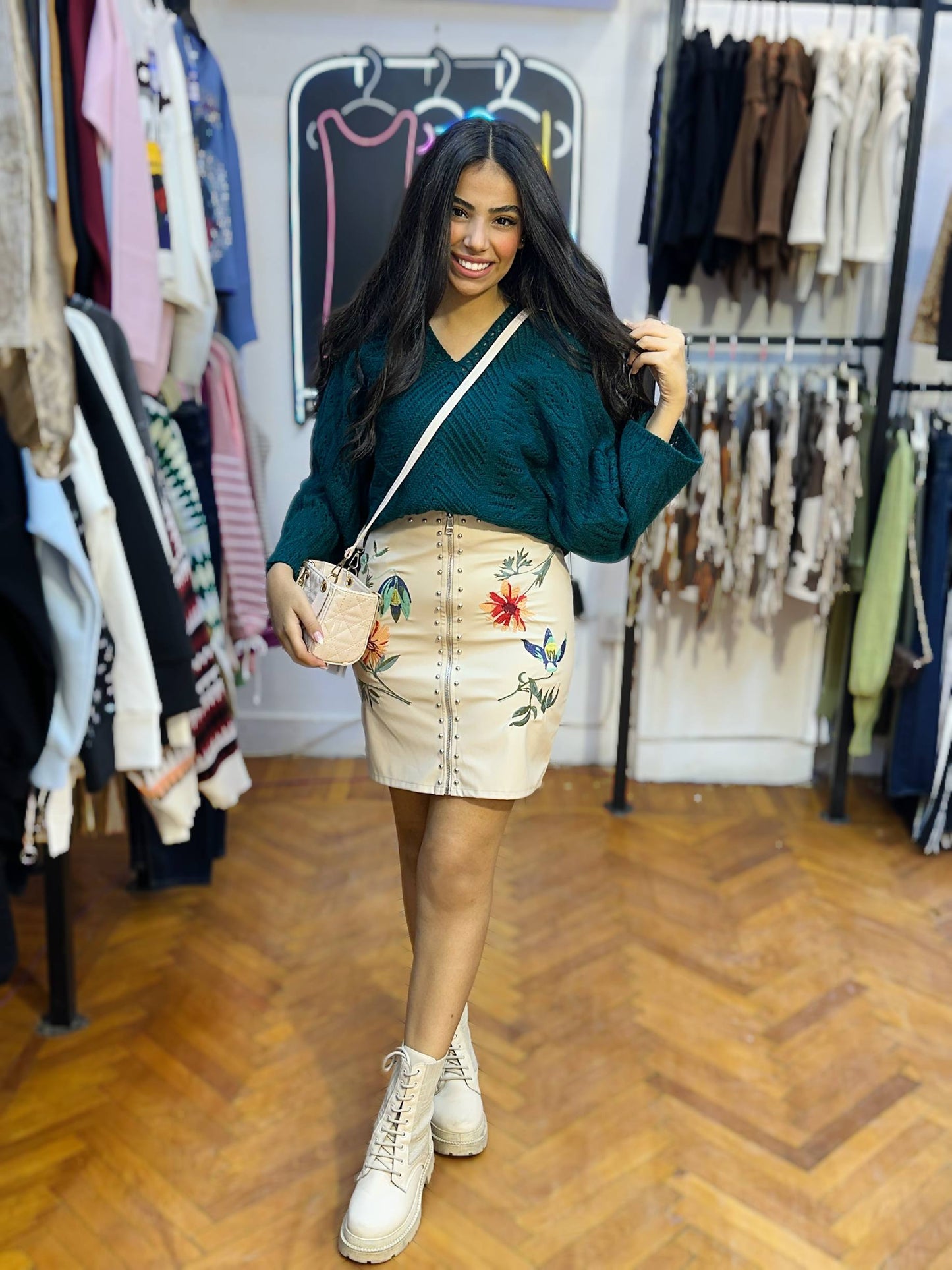 Embroidered Faux Leather Mini Skirt