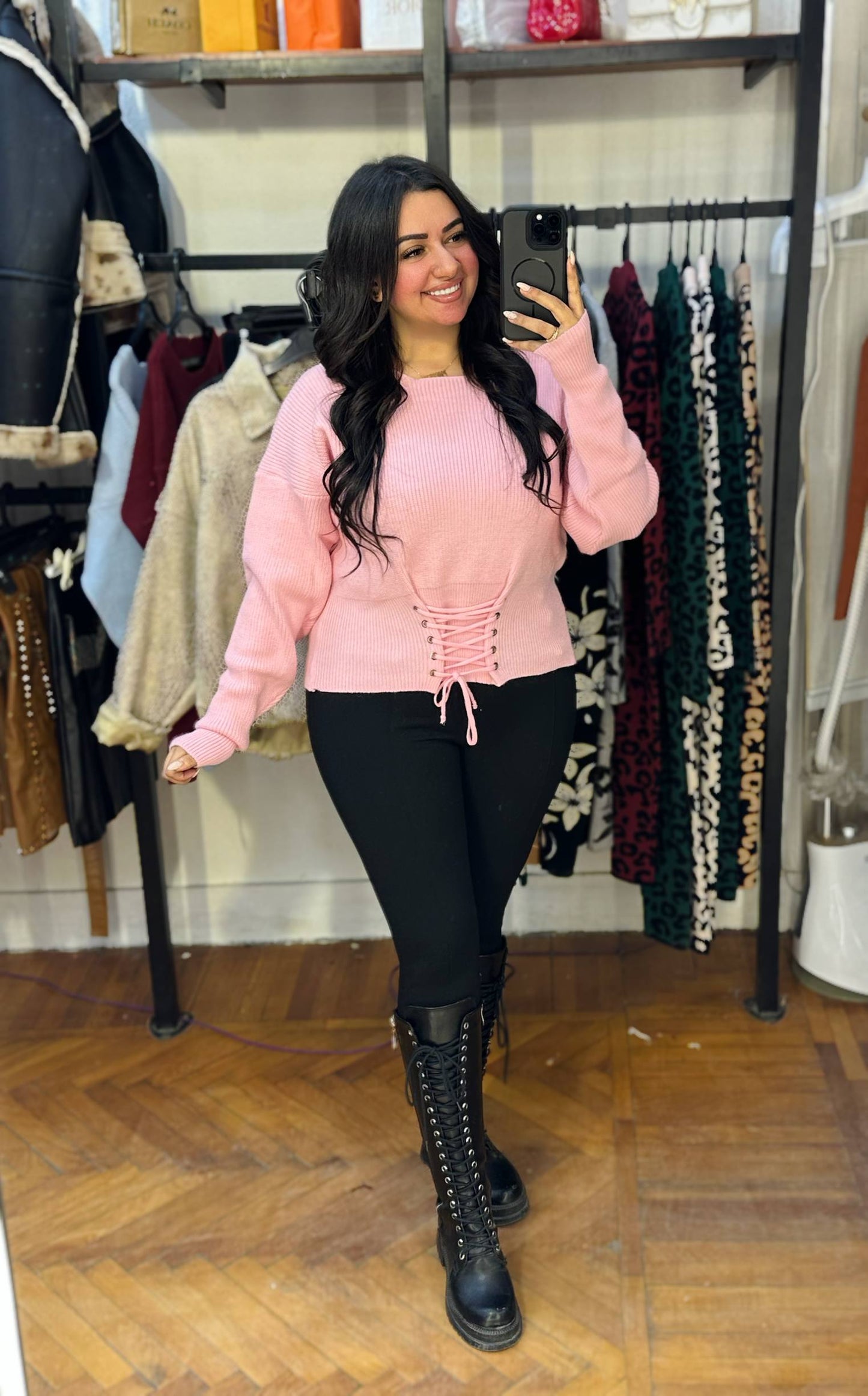 Knitted Sweater with Front Lace-Up Detail