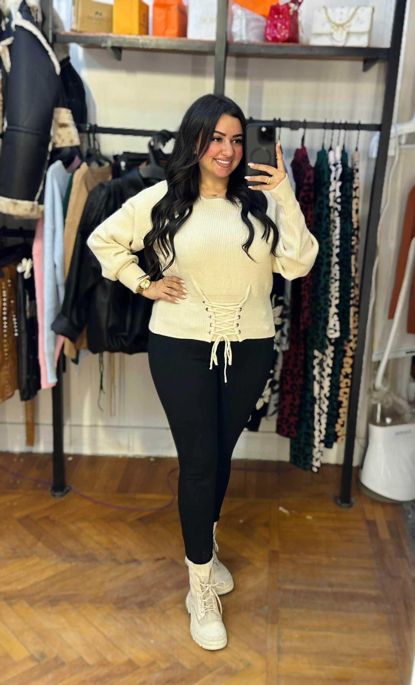 Knitted Sweater with Front Lace-Up Detail