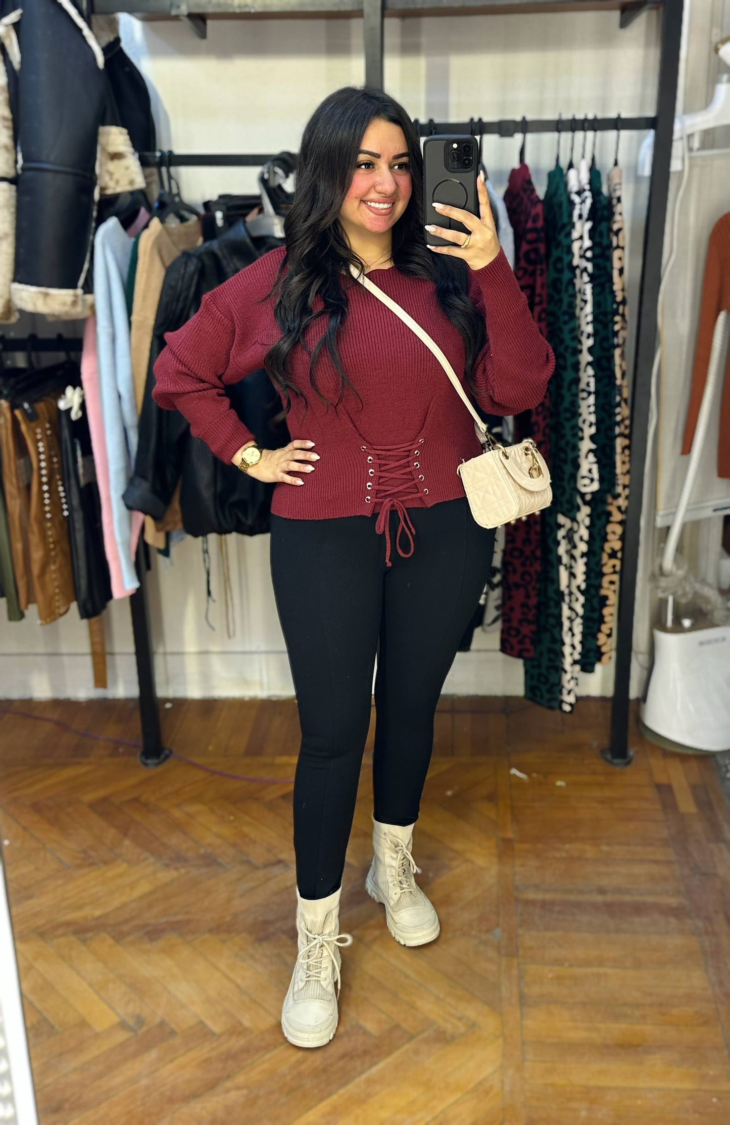 Knitted Sweater with Front Lace-Up Detail