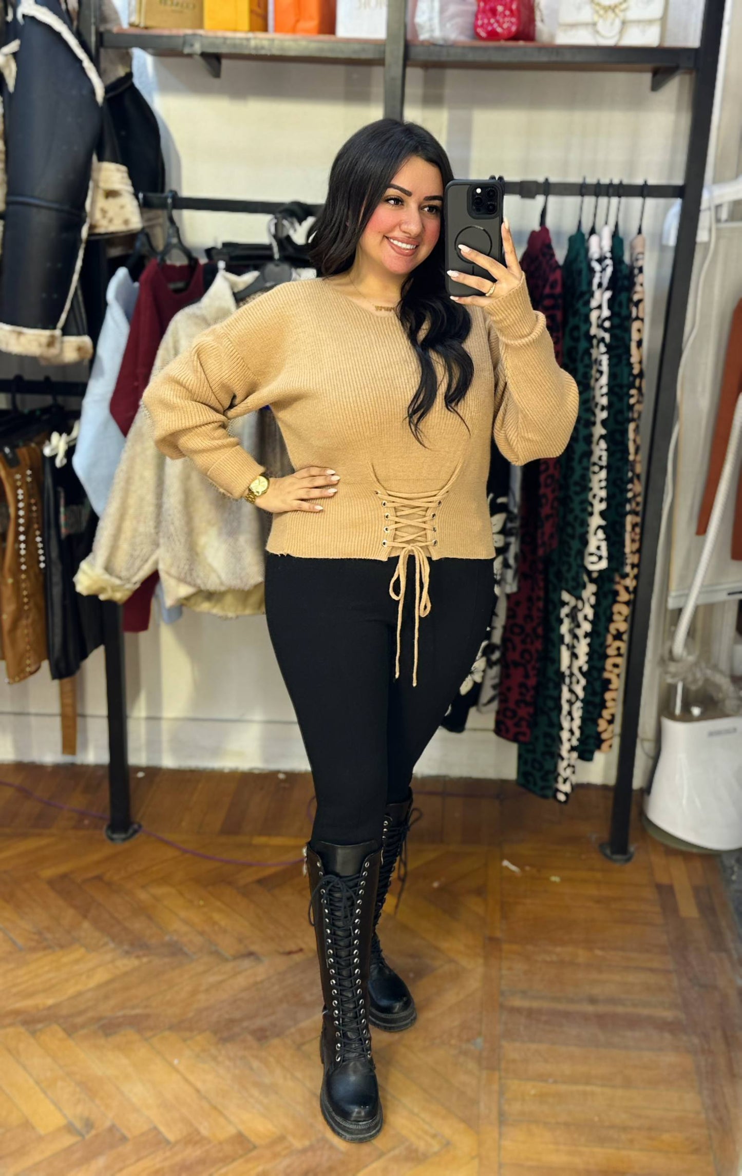 Knitted Sweater with Front Lace-Up Detail