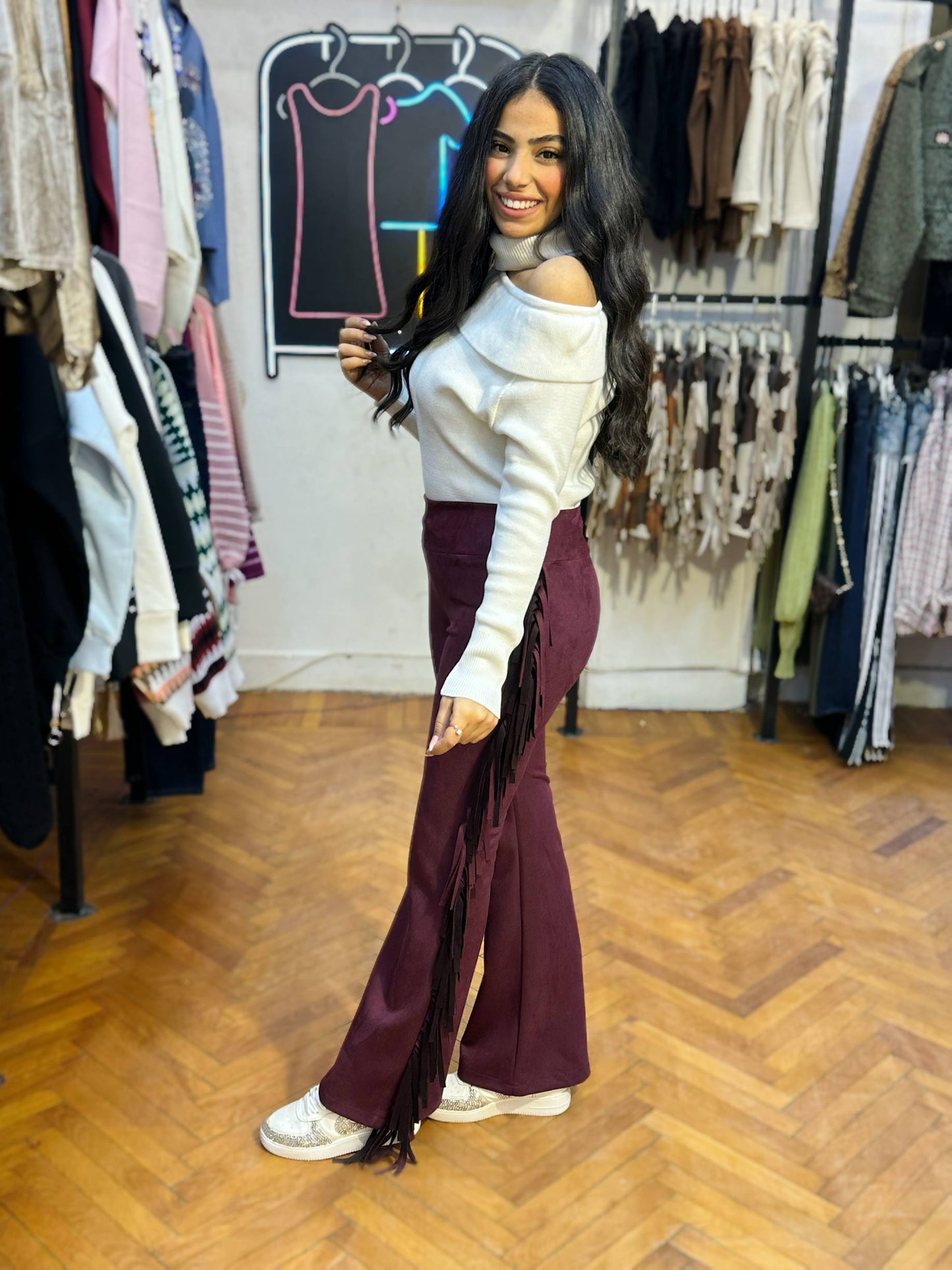 Suede Cowboy-Style Flared Pants with Side Fringes