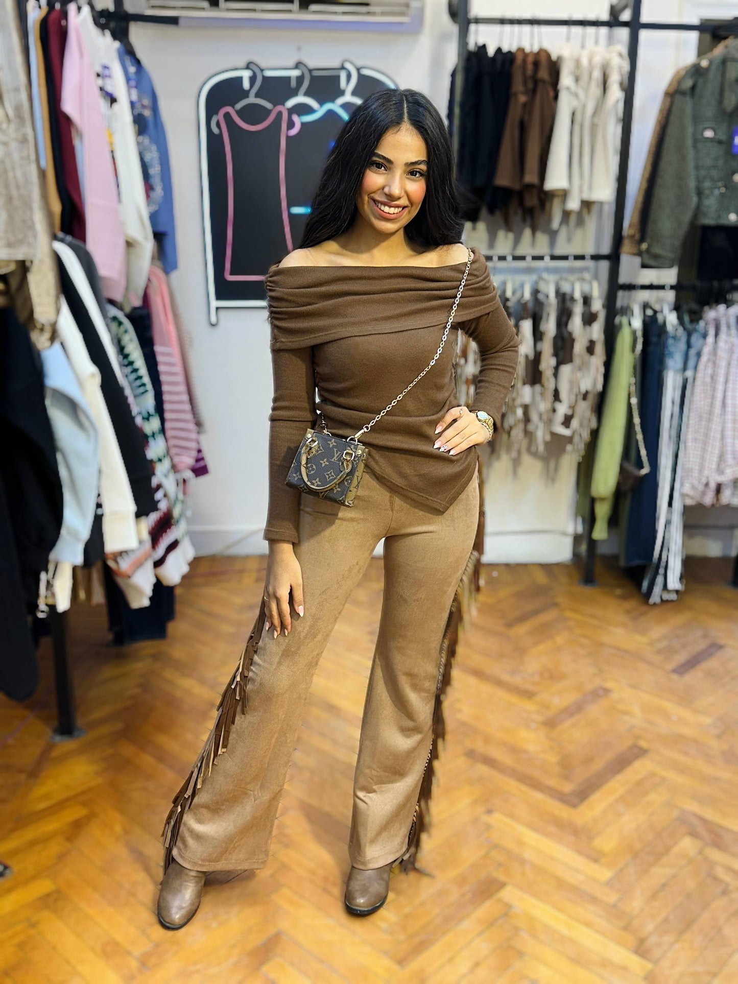 Suede Cowboy-Style Flared Pants with Side Fringes