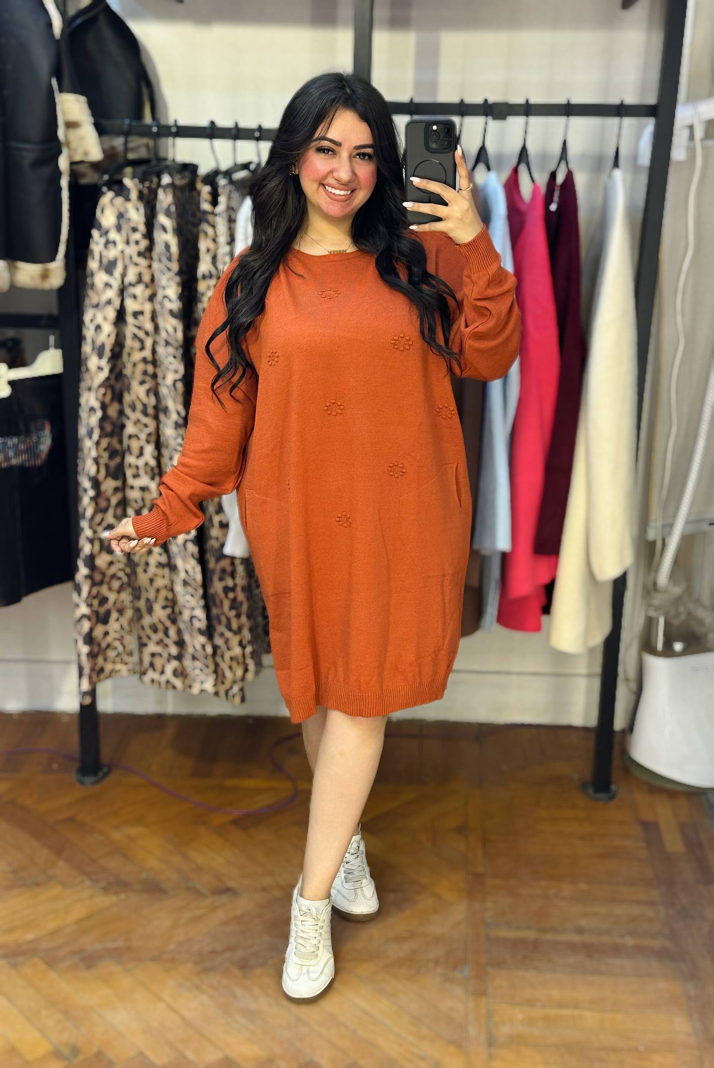 Short Knit Dress with Sculptural 3D Floral Embroidery