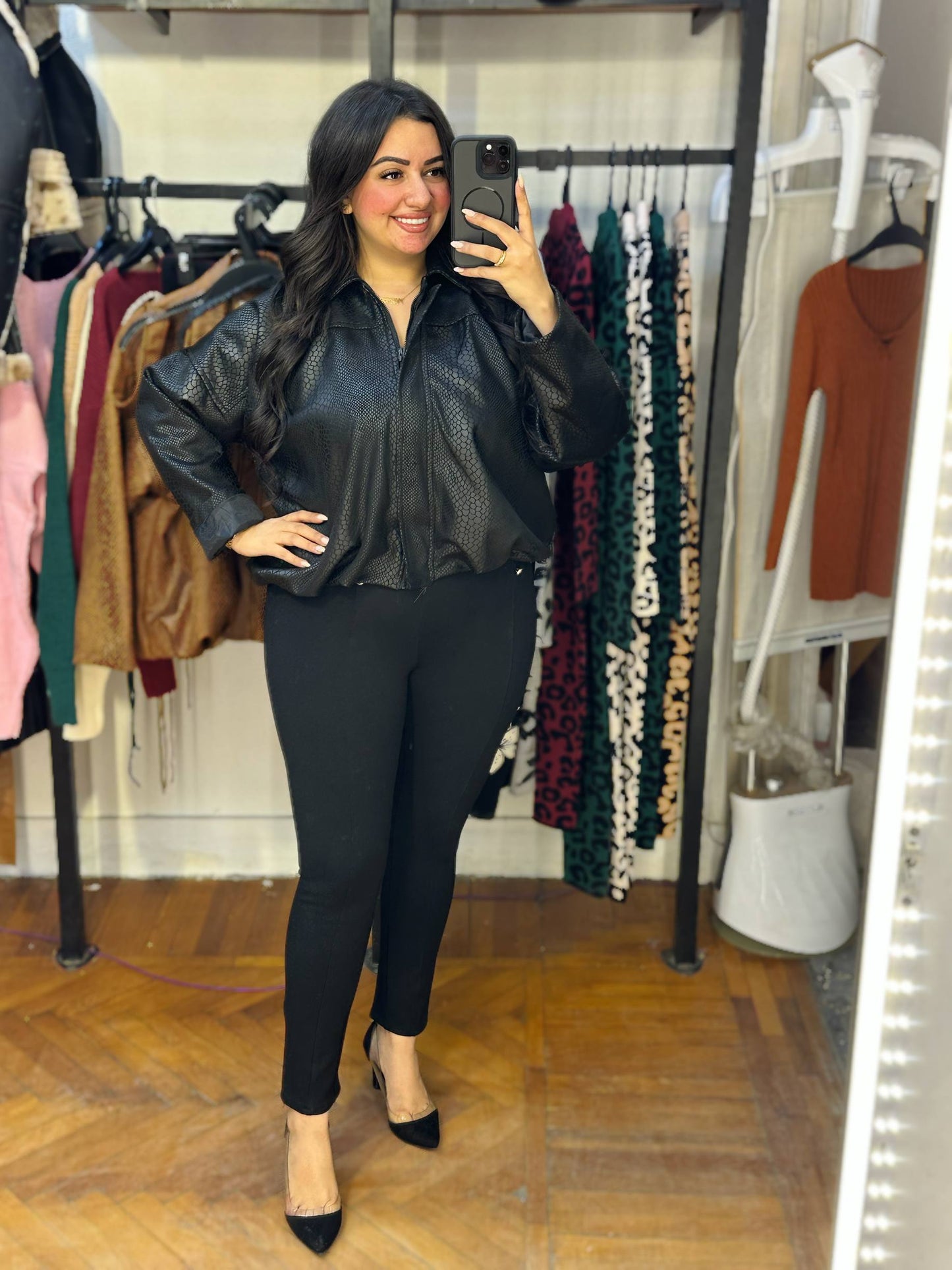 Textured Faux Leather Zip-Up Jacket