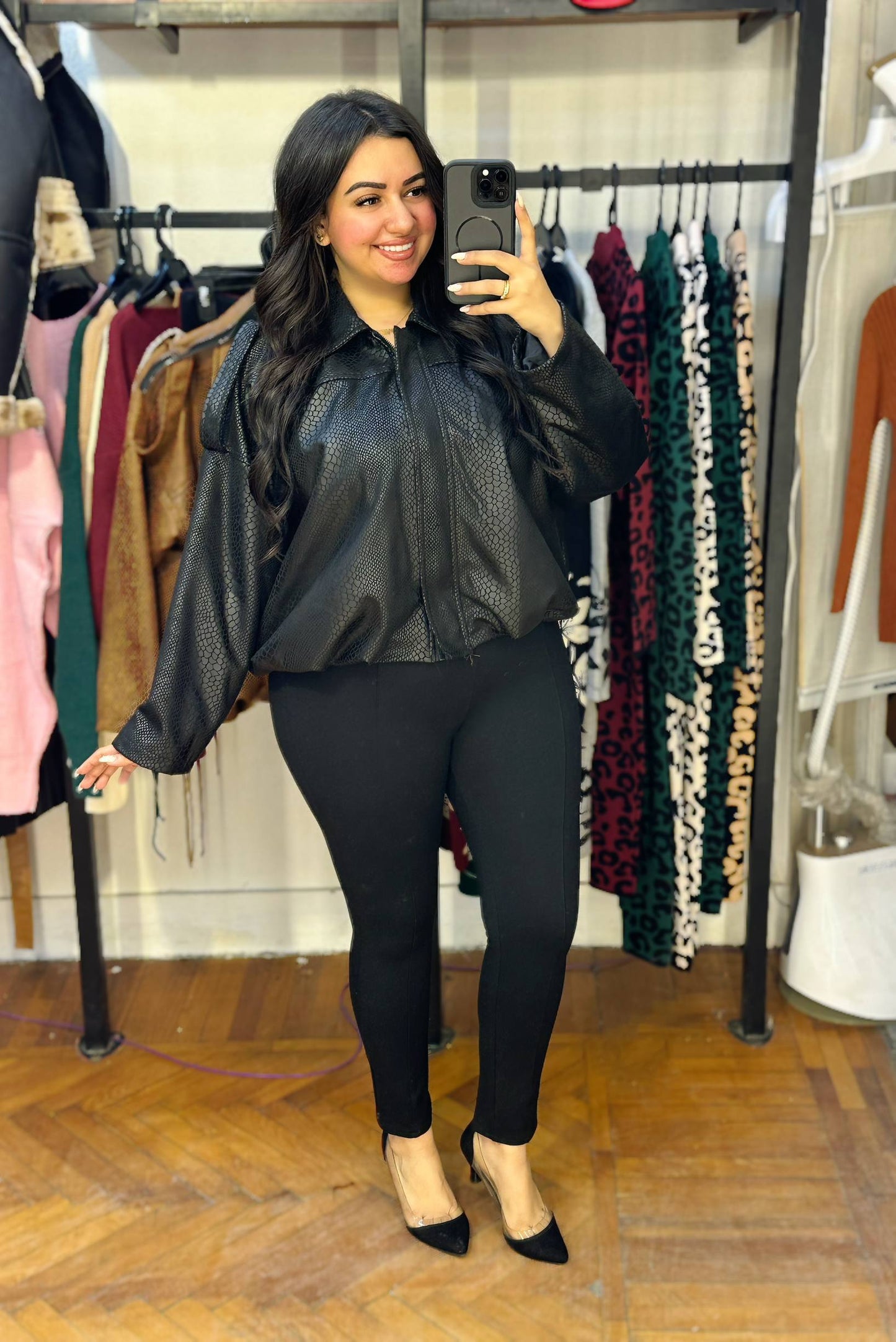 Textured Faux Leather Zip-Up Jacket