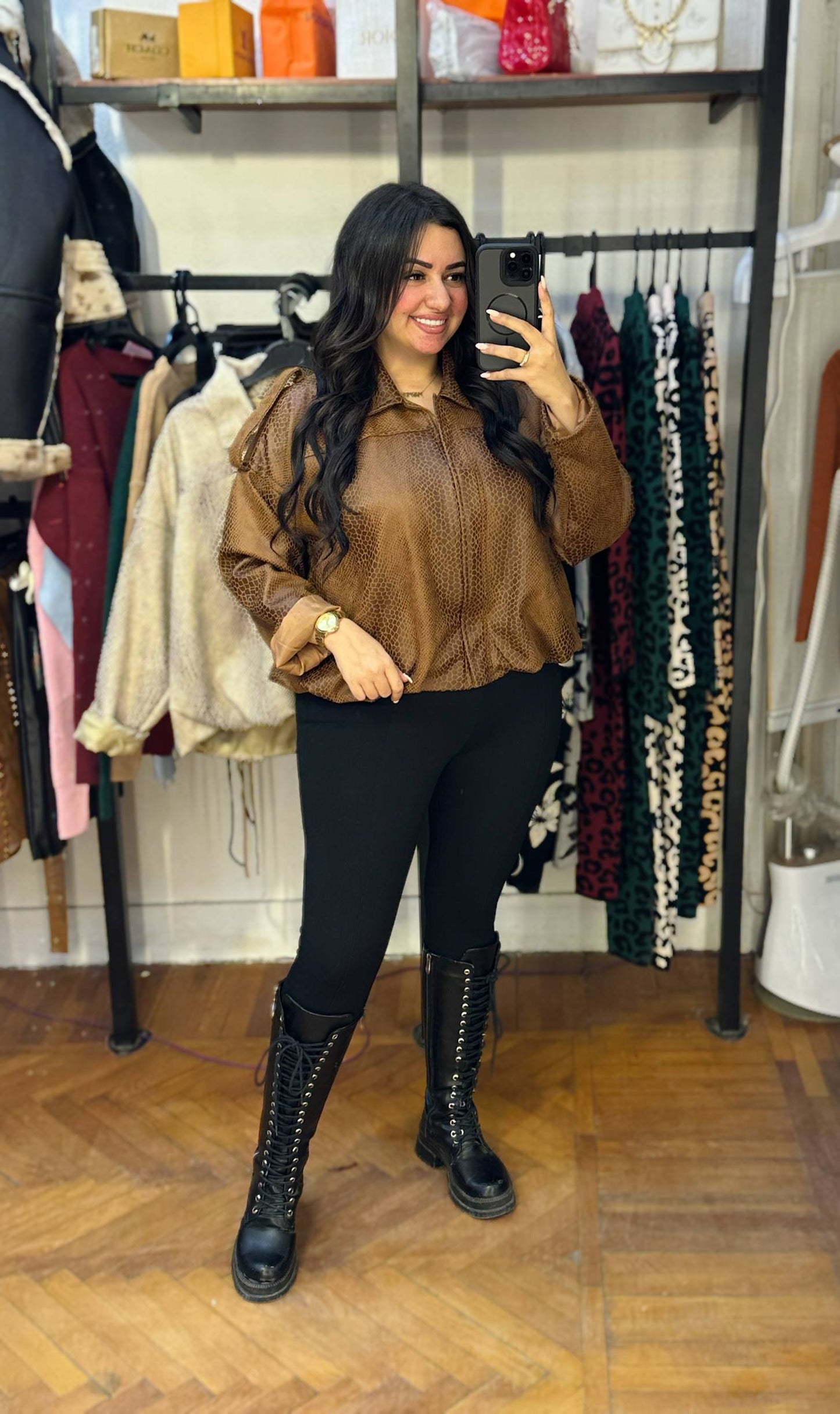 Textured Faux Leather Zip-Up Jacket