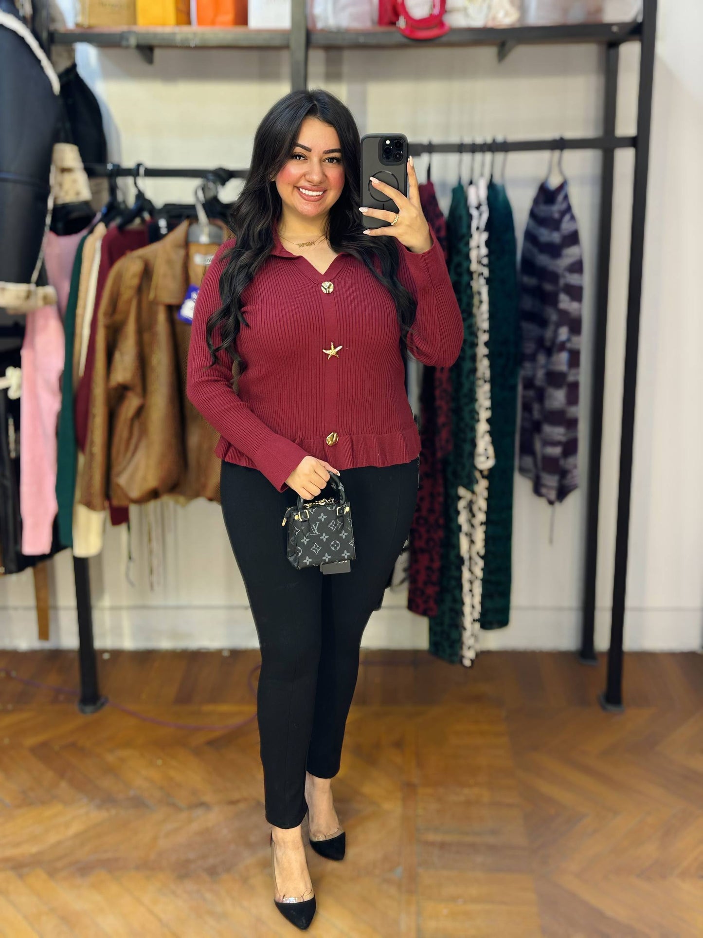 Gold Detail Collared Knit Blouse