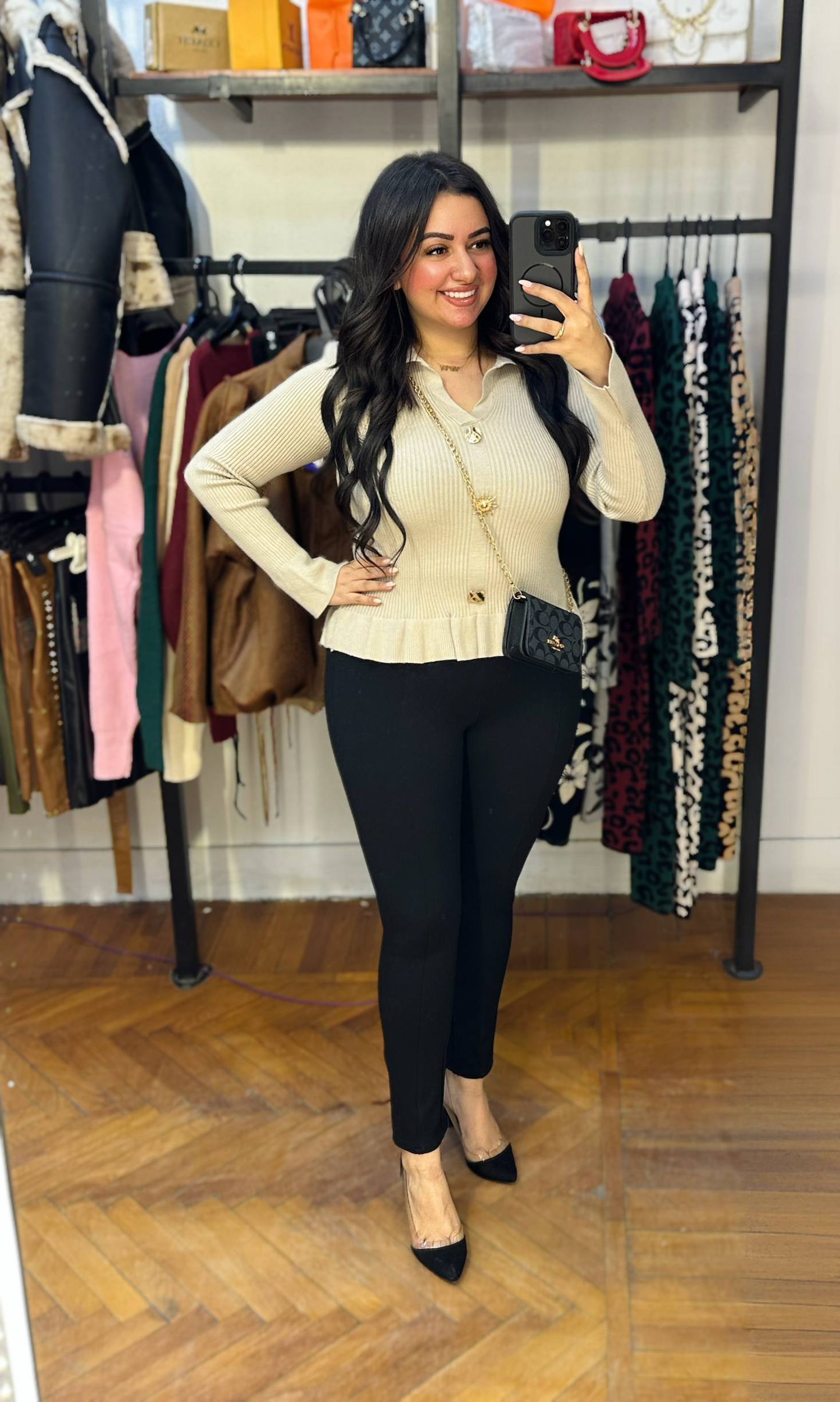 Gold Detail Collared Knit Blouse