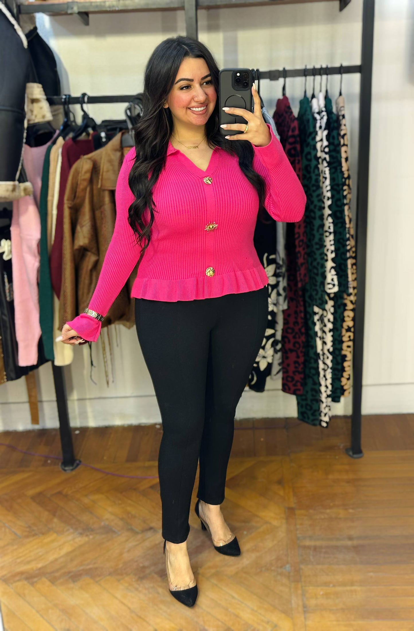 Gold Detail Collared Knit Blouse