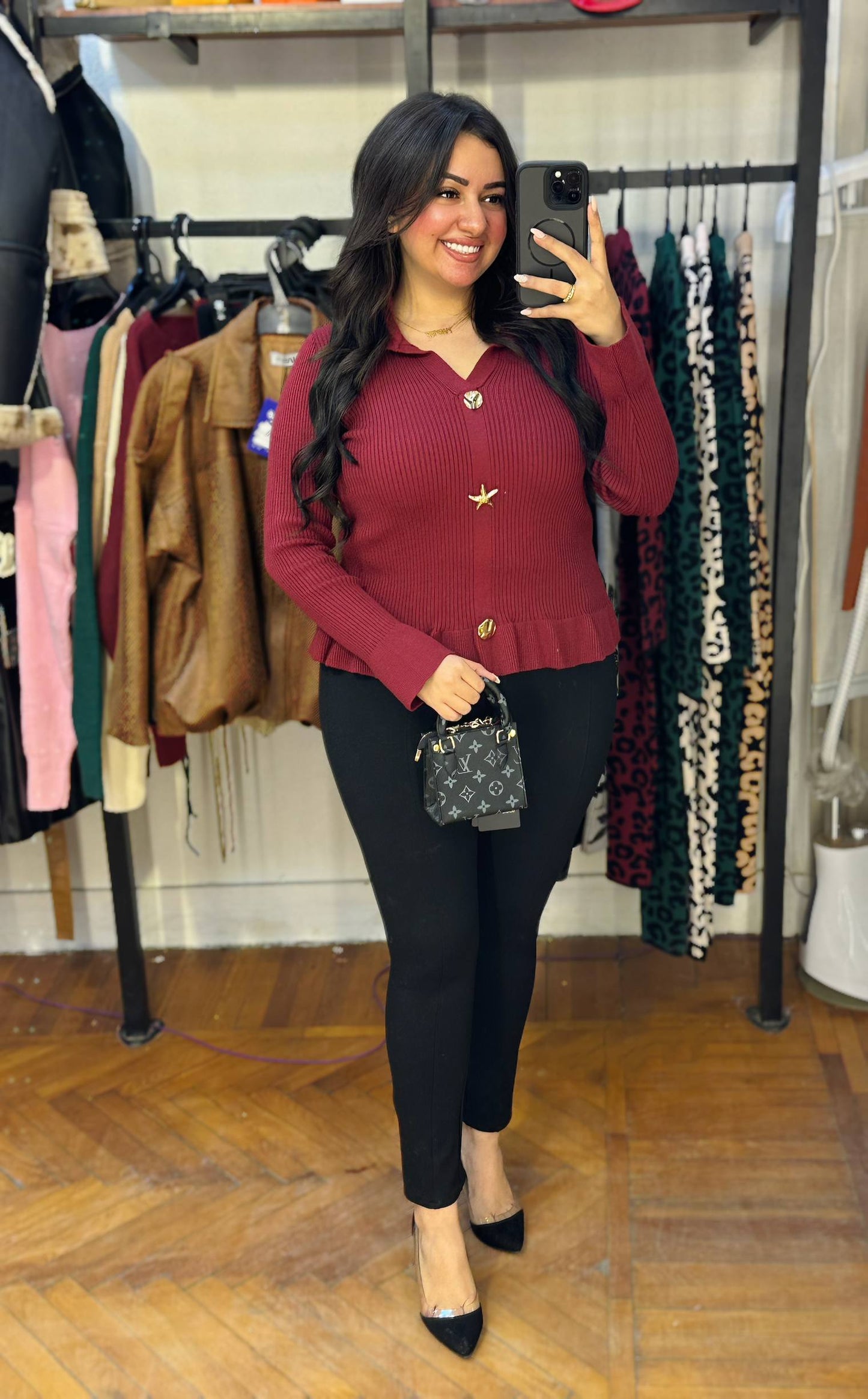 Gold Detail Collared Knit Blouse
