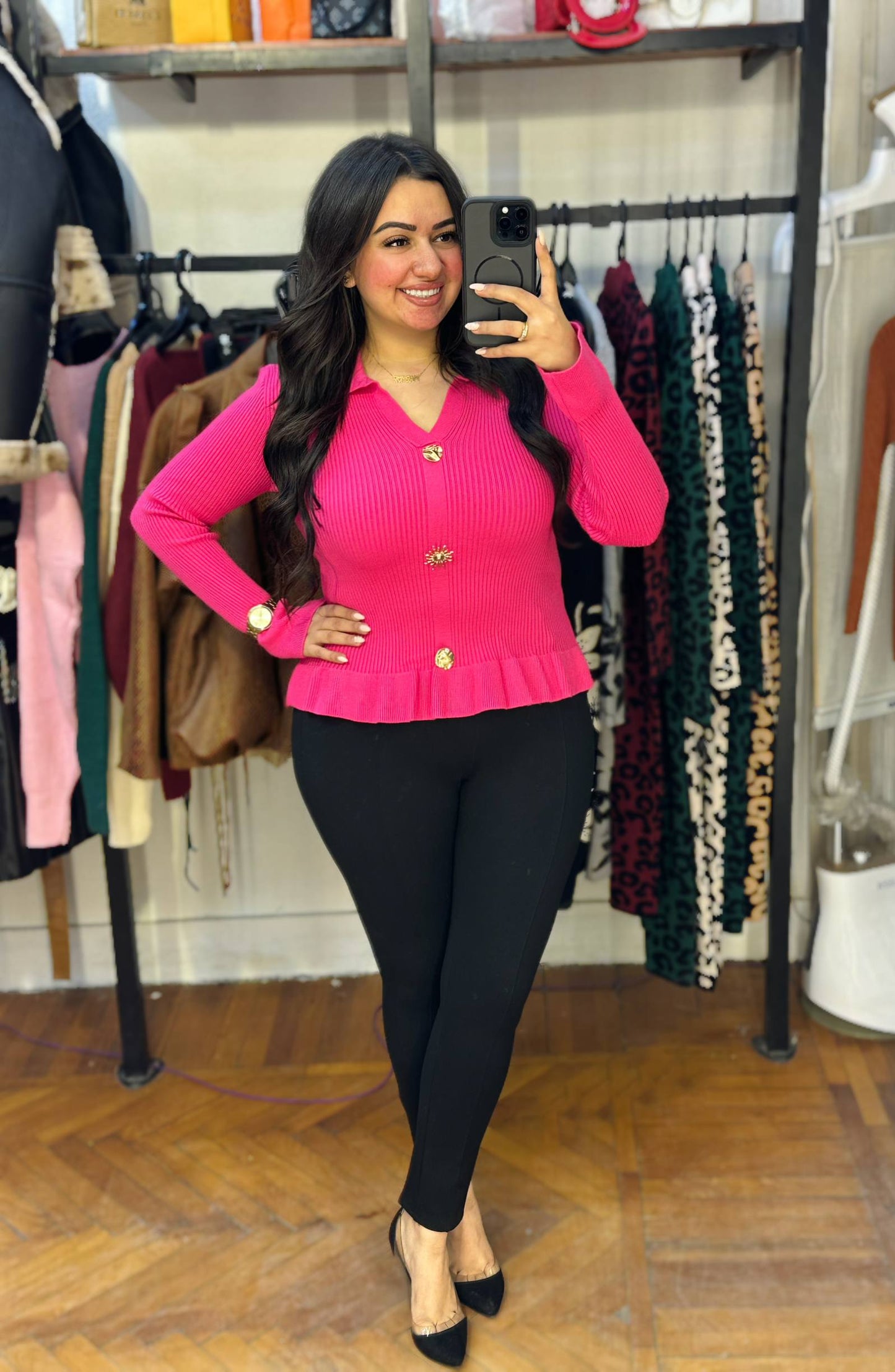 Gold Detail Collared Knit Blouse