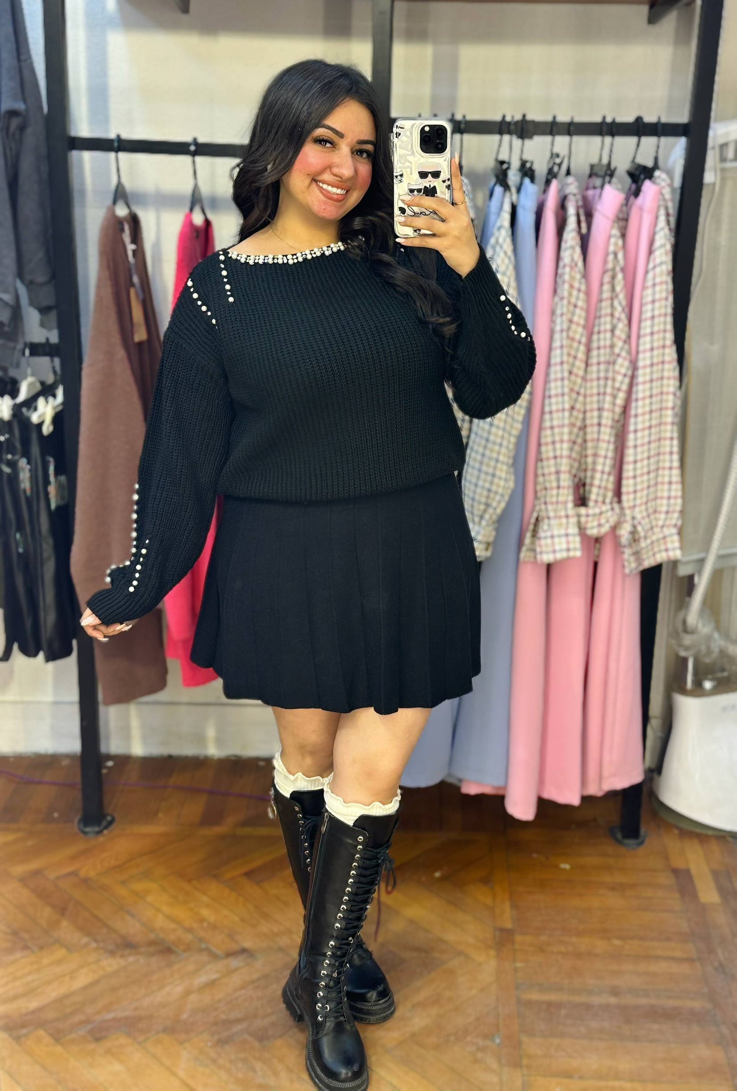 Stylish Knit Top with Stud Embellishments on Neck and Sleeves