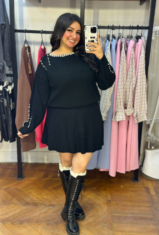 Stylish Knit Top with Stud Embellishments on Neck and Sleeves