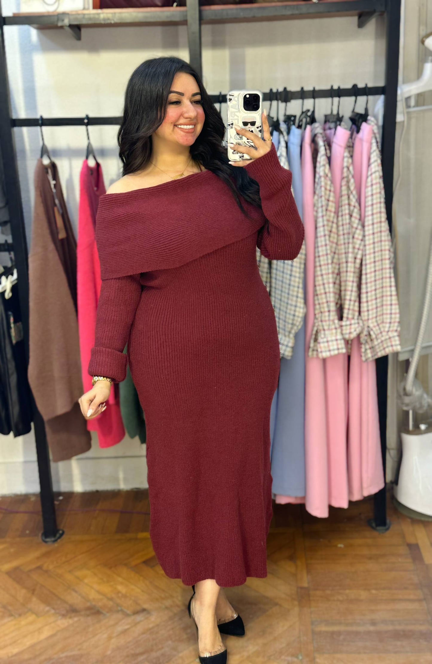 Long Off-Shoulder Knitted Dress