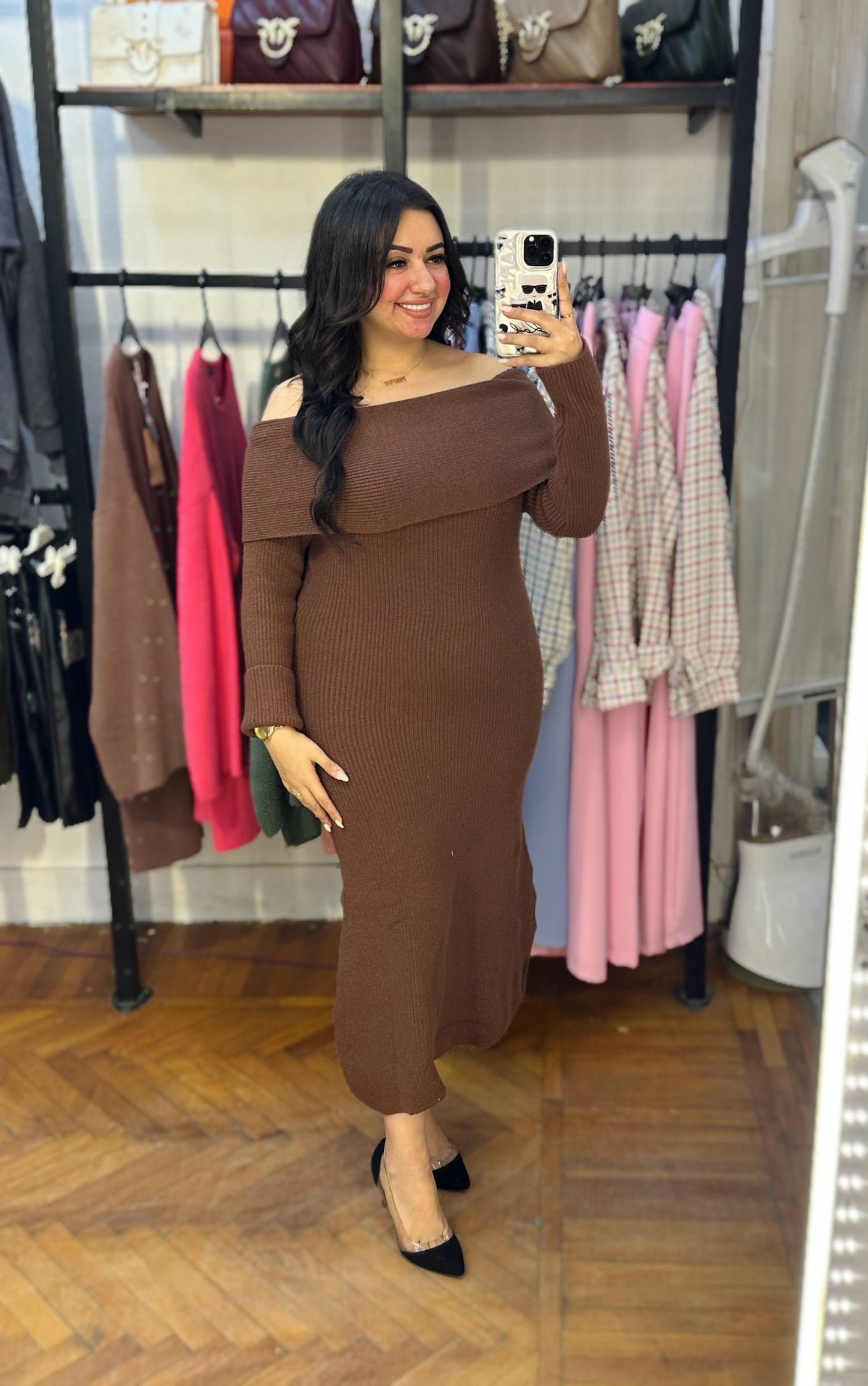 Long Off-Shoulder Knitted Dress