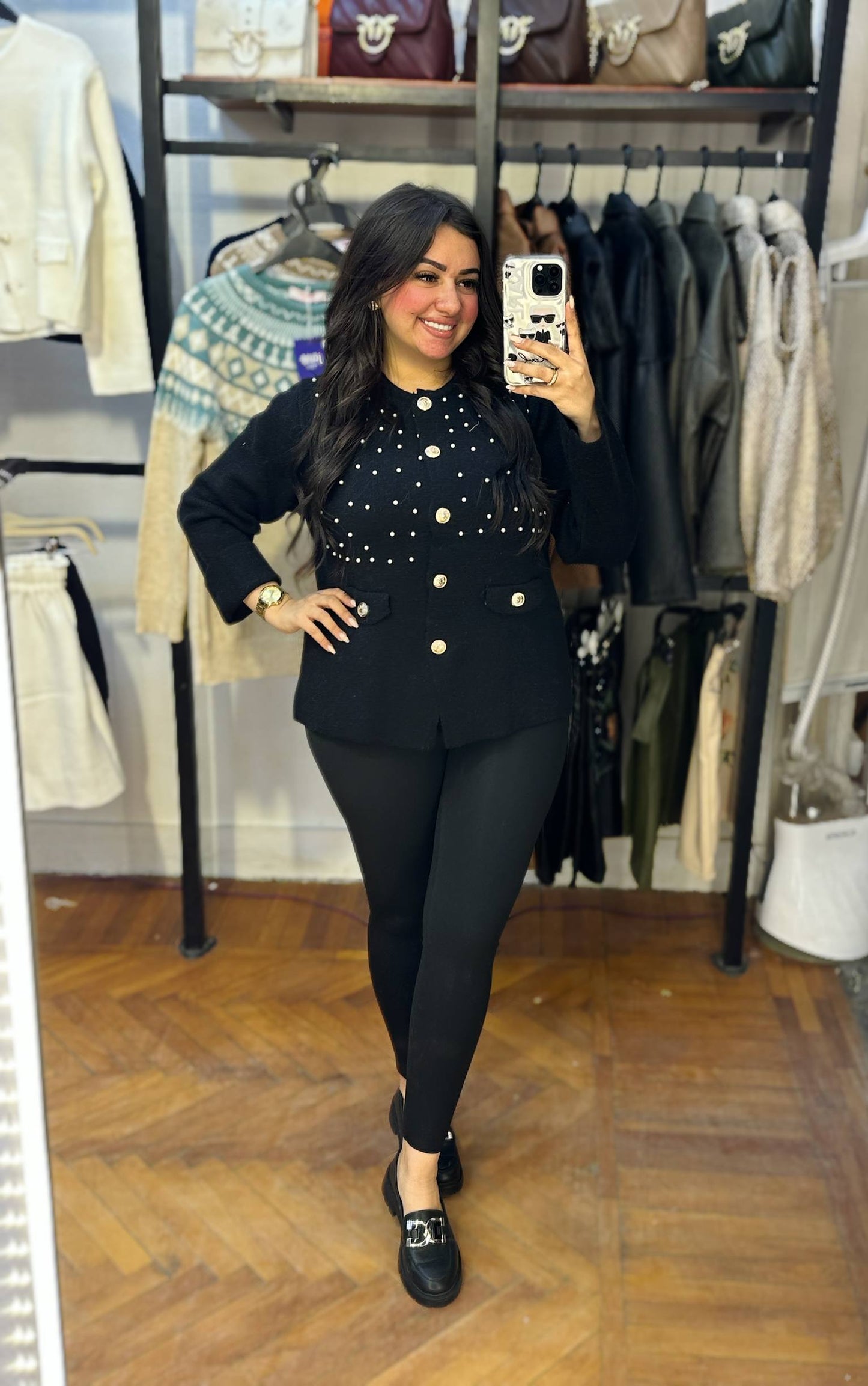 Gold Button Knit Pullover with Pearl Side Details