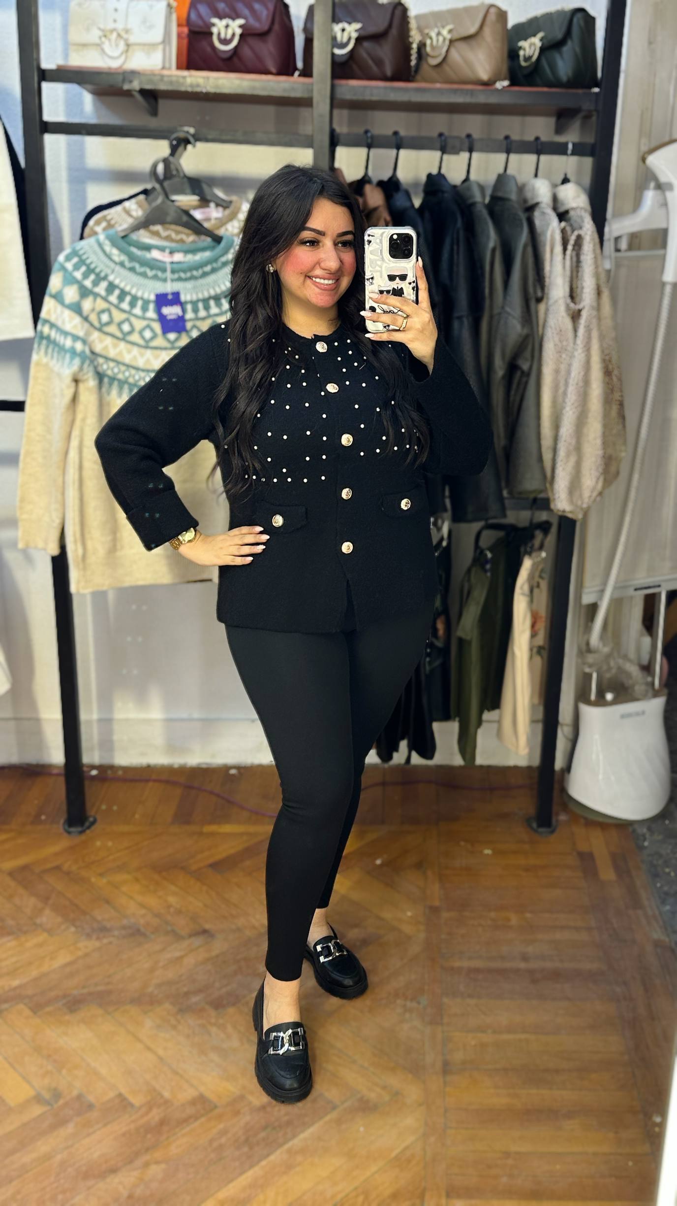 Gold Button Knit Pullover with Pearl Side Details