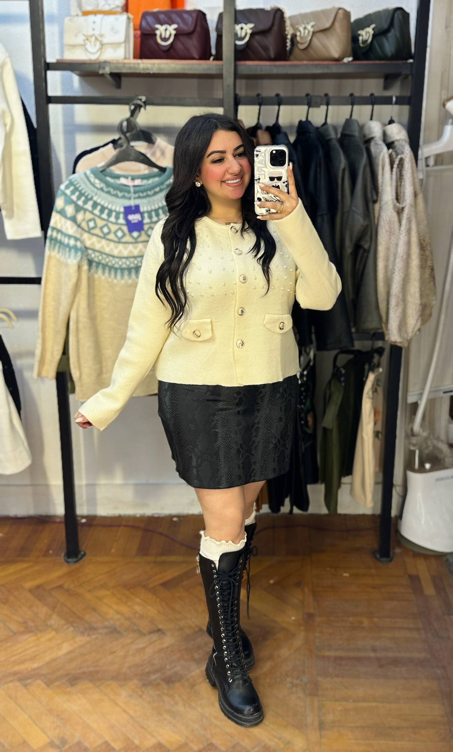 Gold Button Knit Pullover with Pearl Side Details