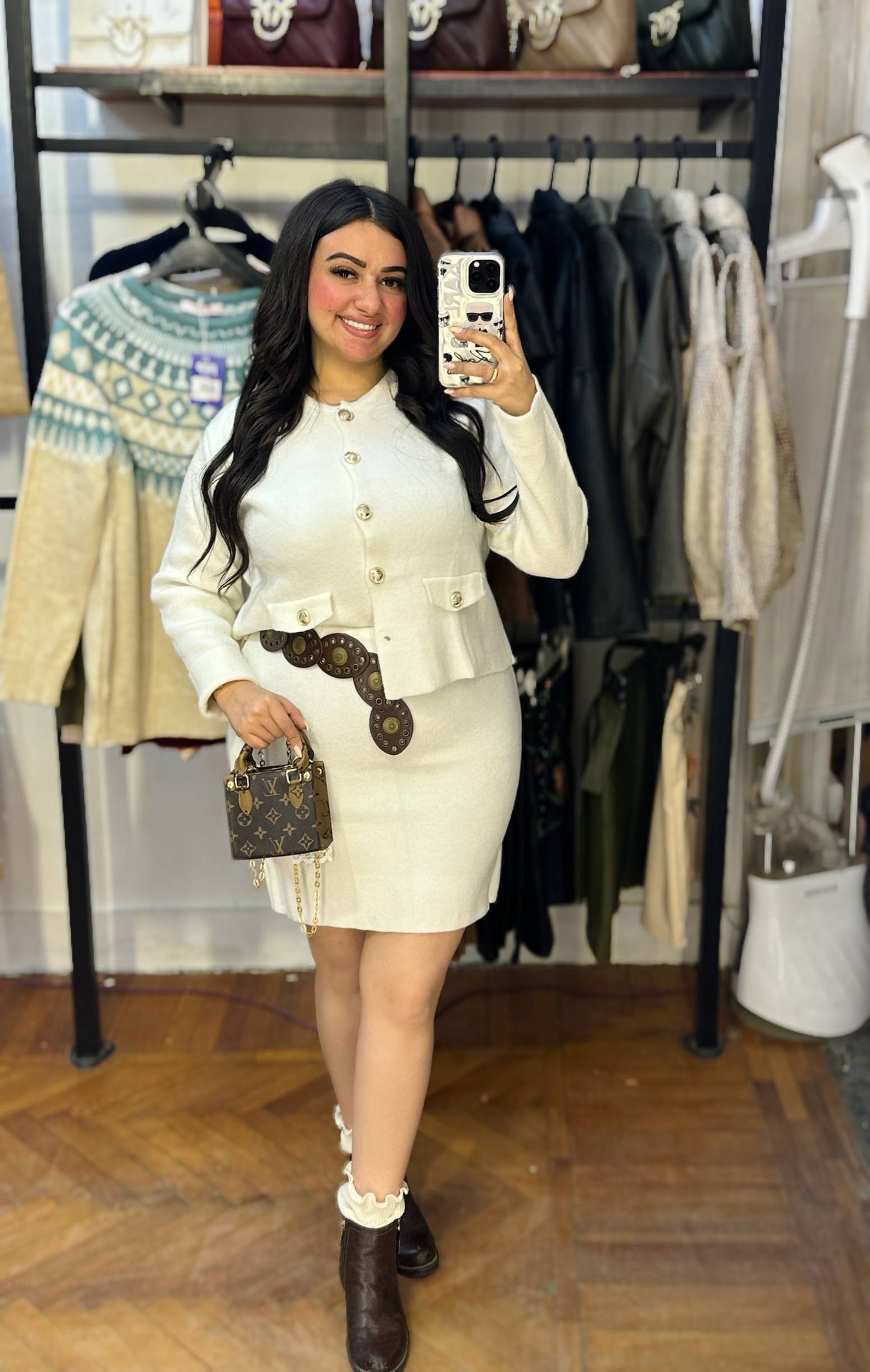 Knitted Skirt & Cardigan Set with Gold Buttons