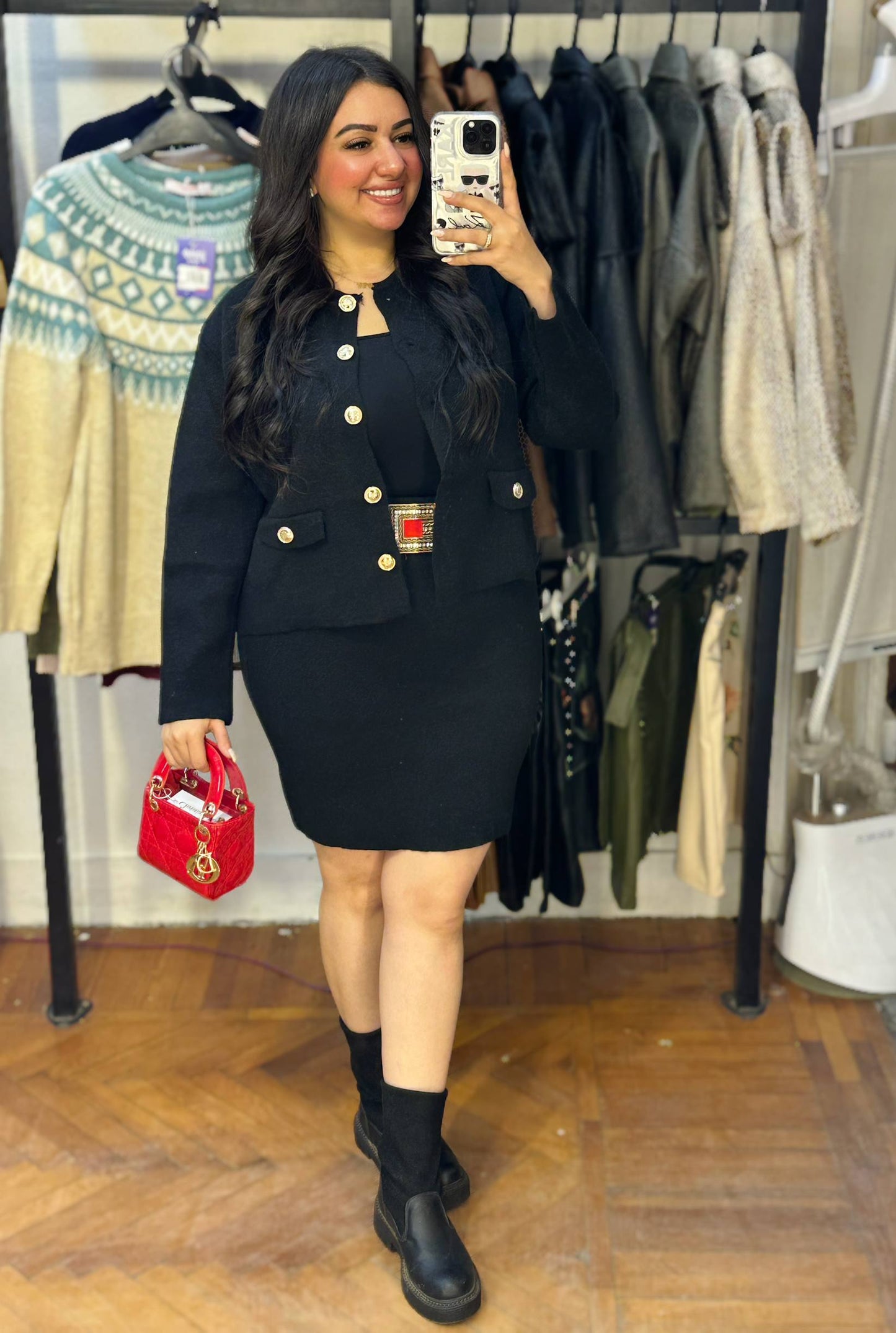Knitted Skirt & Cardigan Set with Gold Buttons