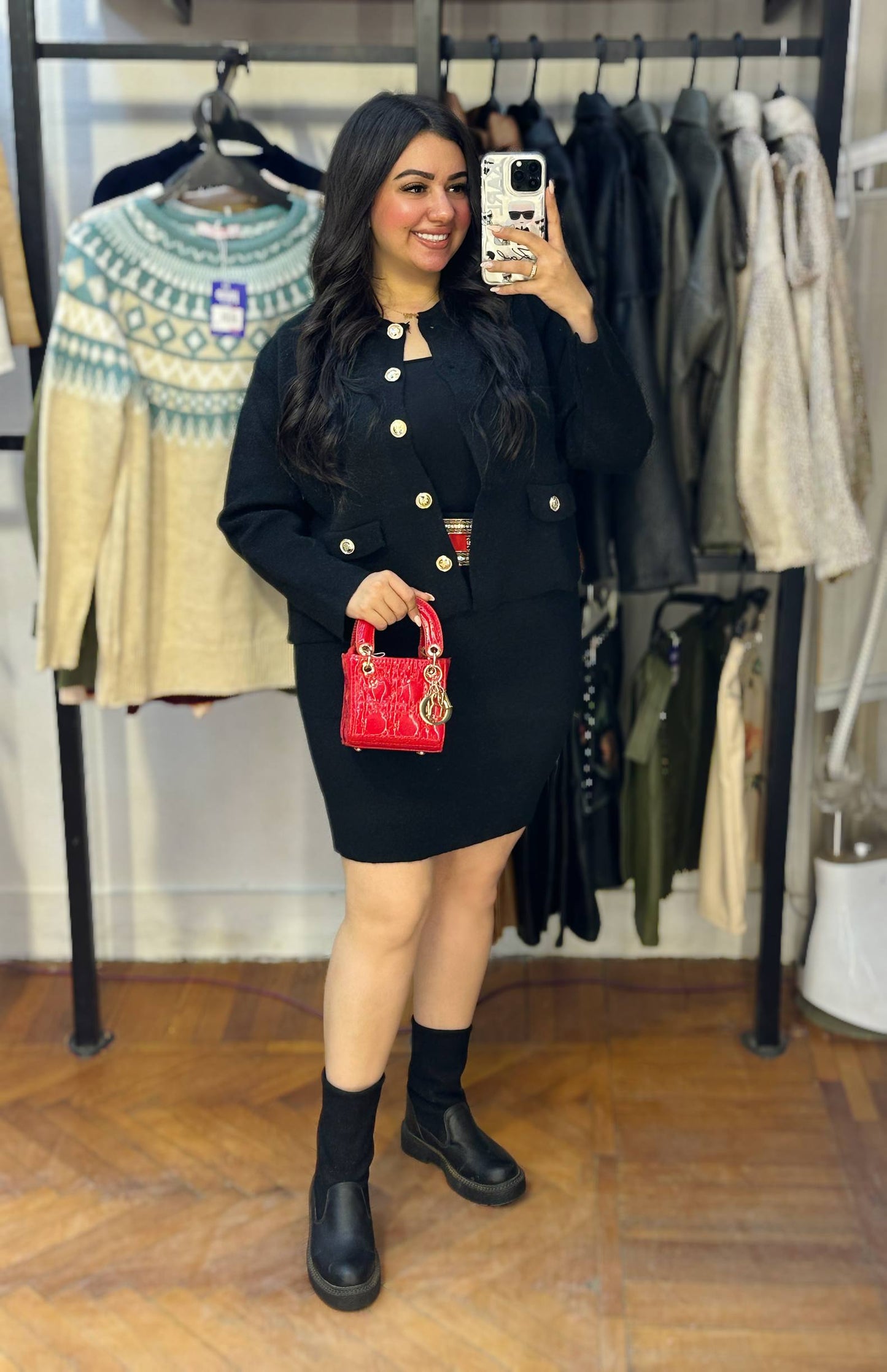 Knitted Skirt & Cardigan Set with Gold Buttons