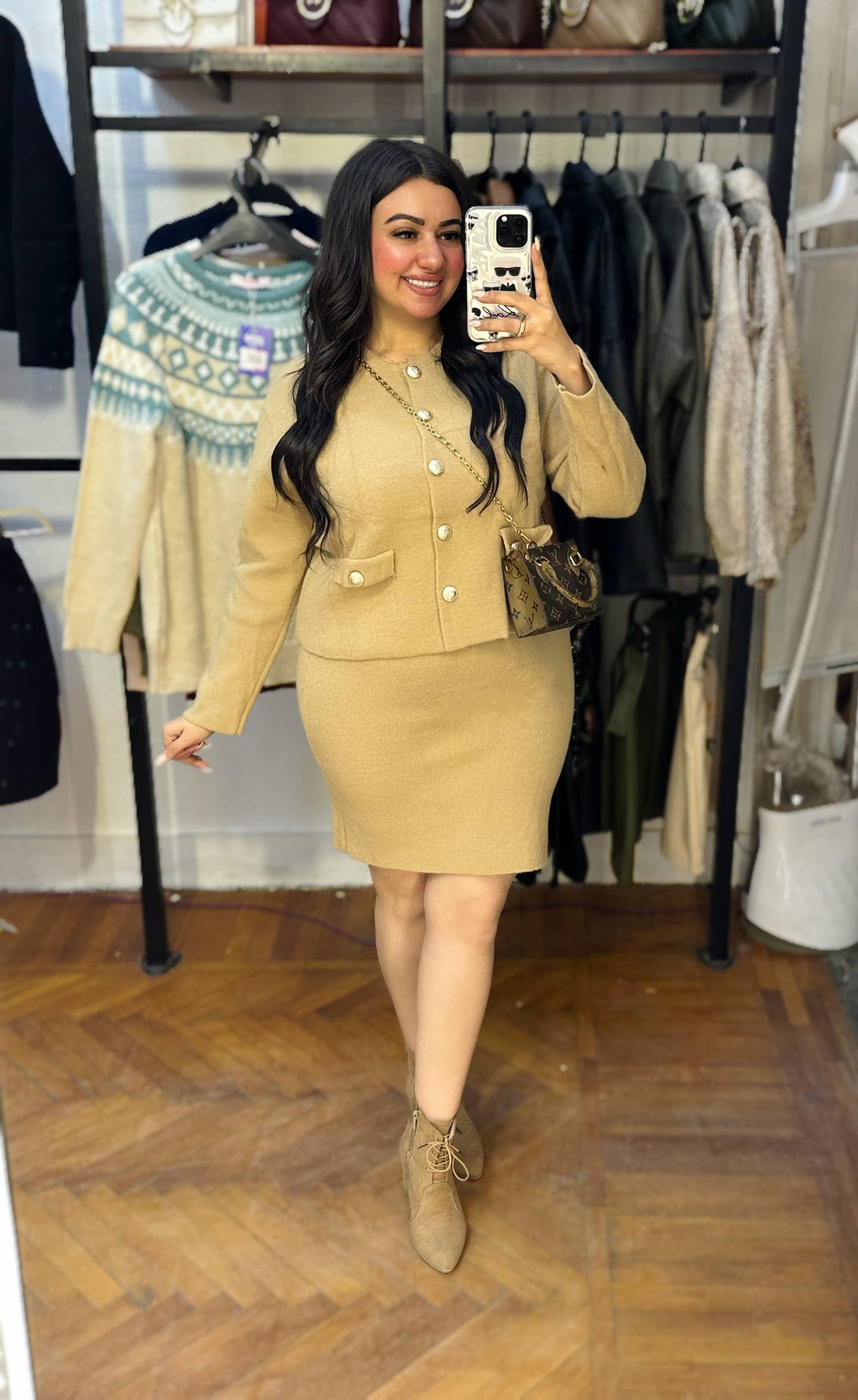 Knitted Skirt & Cardigan Set with Gold Buttons