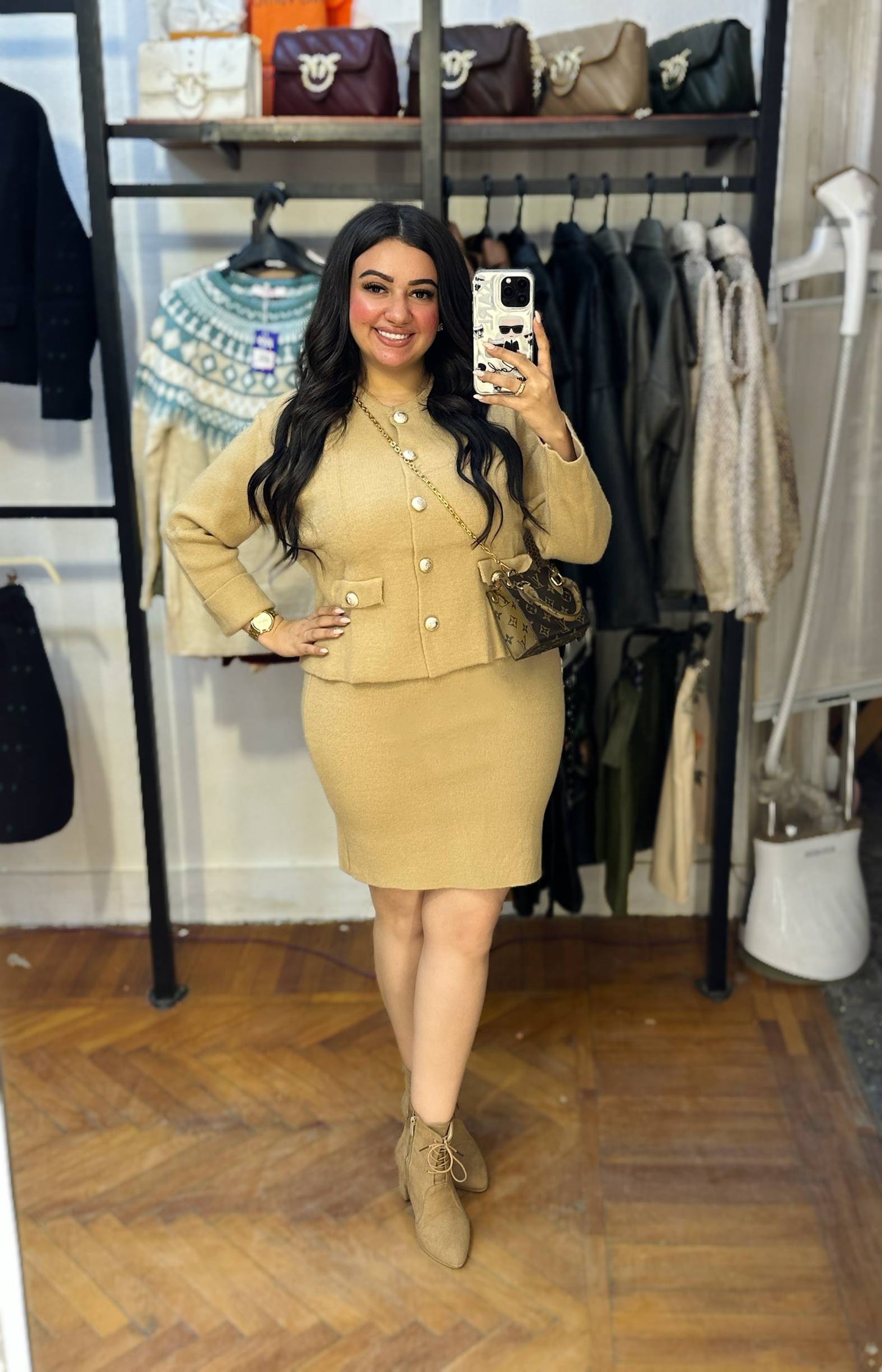 Knitted Skirt & Cardigan Set with Gold Buttons