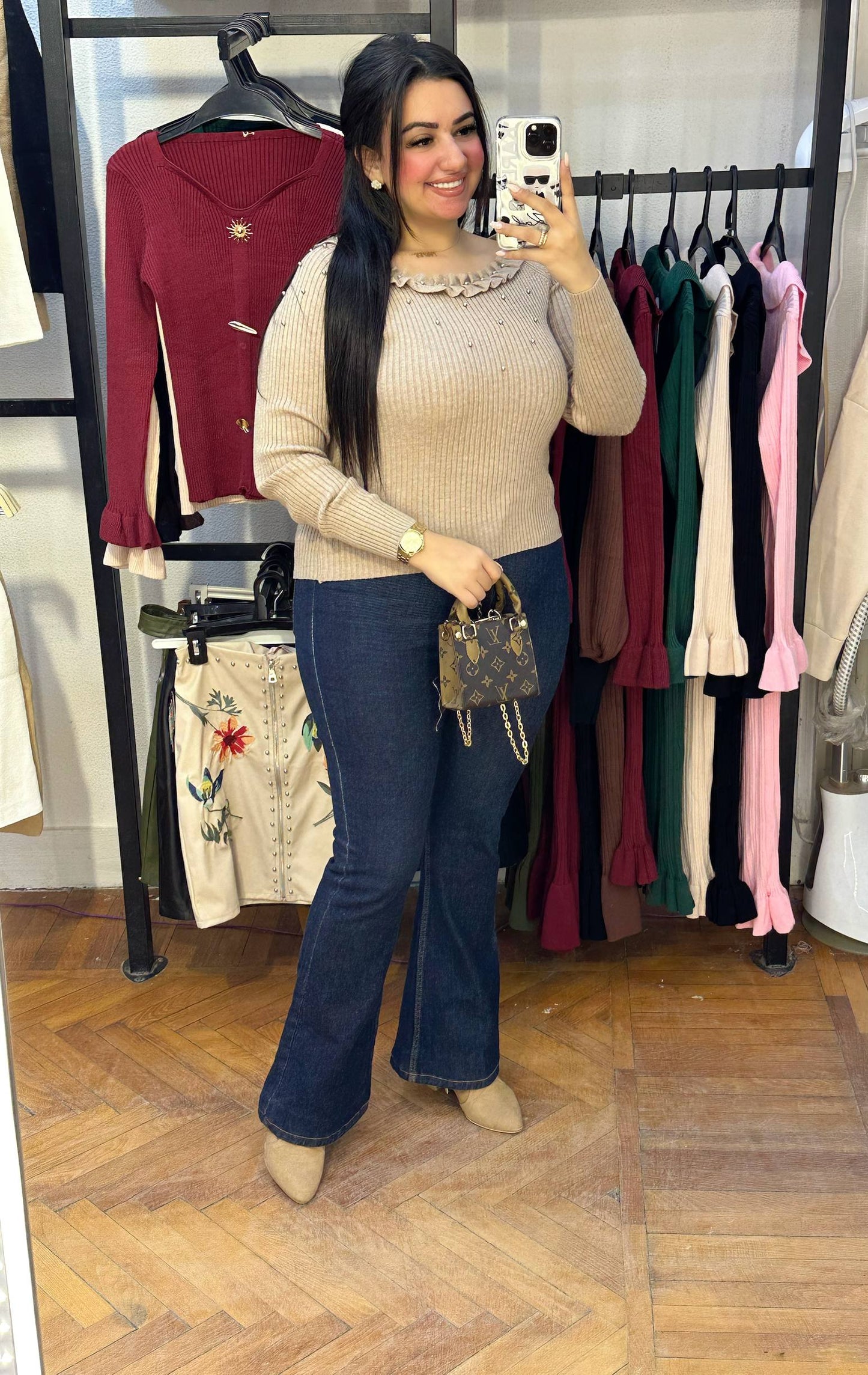 Basic Knit Top with Ruffled Neckline & Pearl Detail