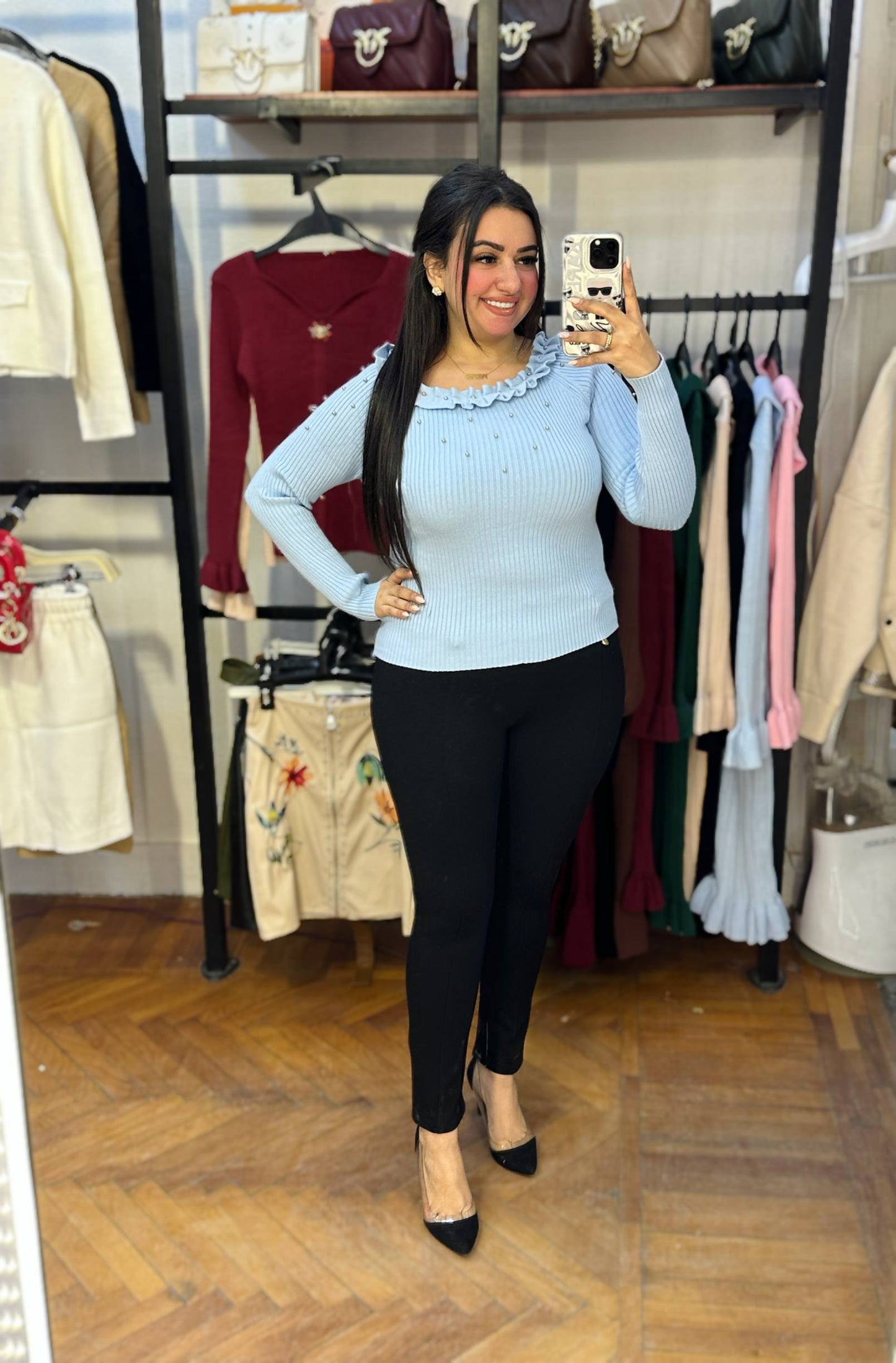 Basic Knit Top with Ruffled Neckline & Pearl Detail