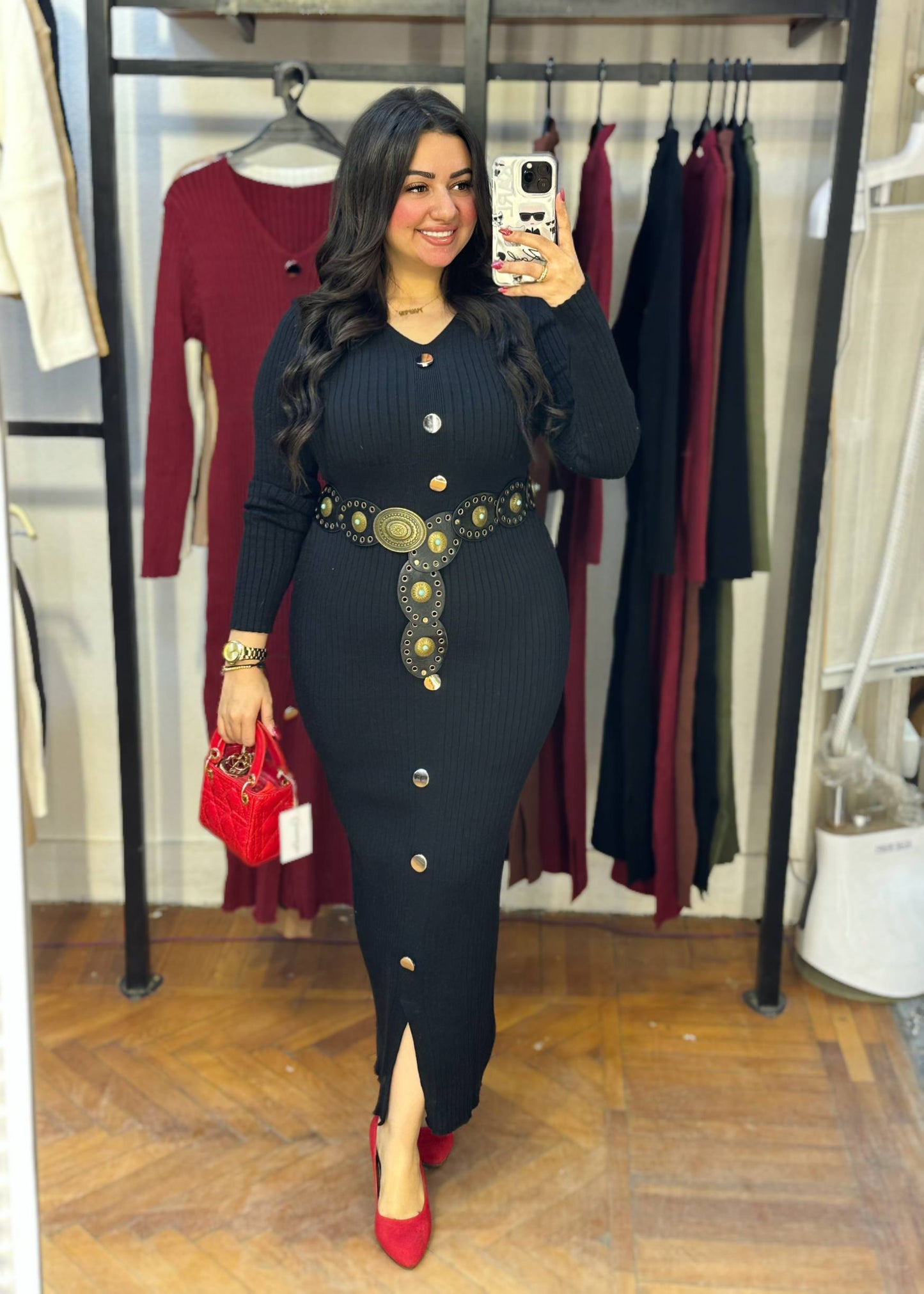 Basic Long Knit Dress with Gold Buttons