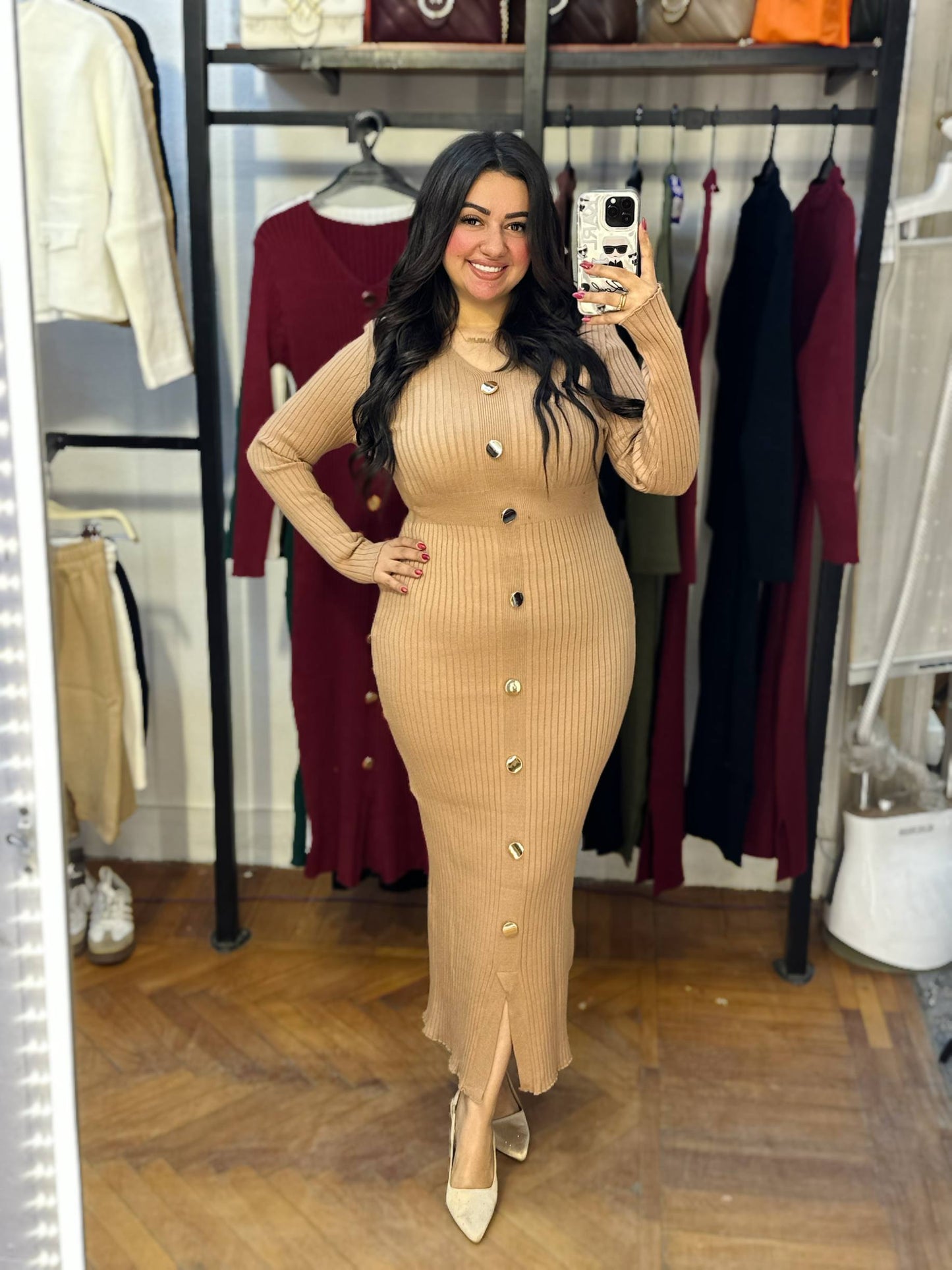Basic Long Knit Dress with Gold Buttons