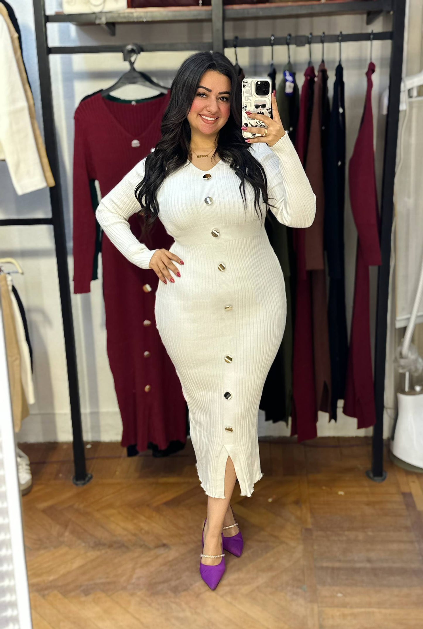 Basic Long Knit Dress with Gold Buttons