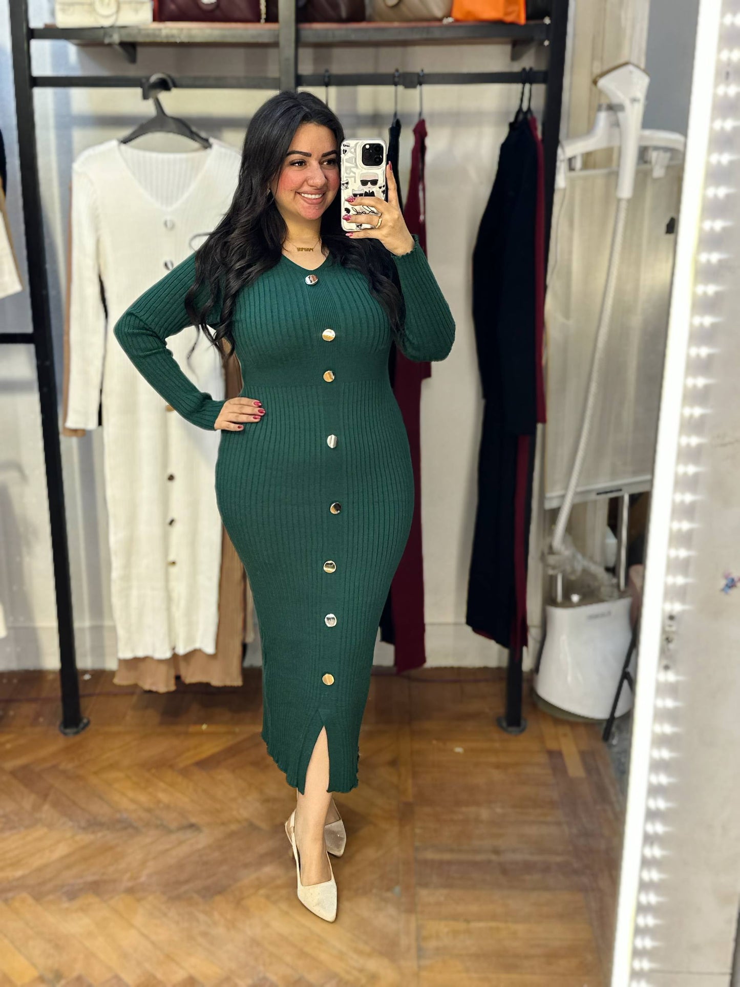 Basic Long Knit Dress with Gold Buttons