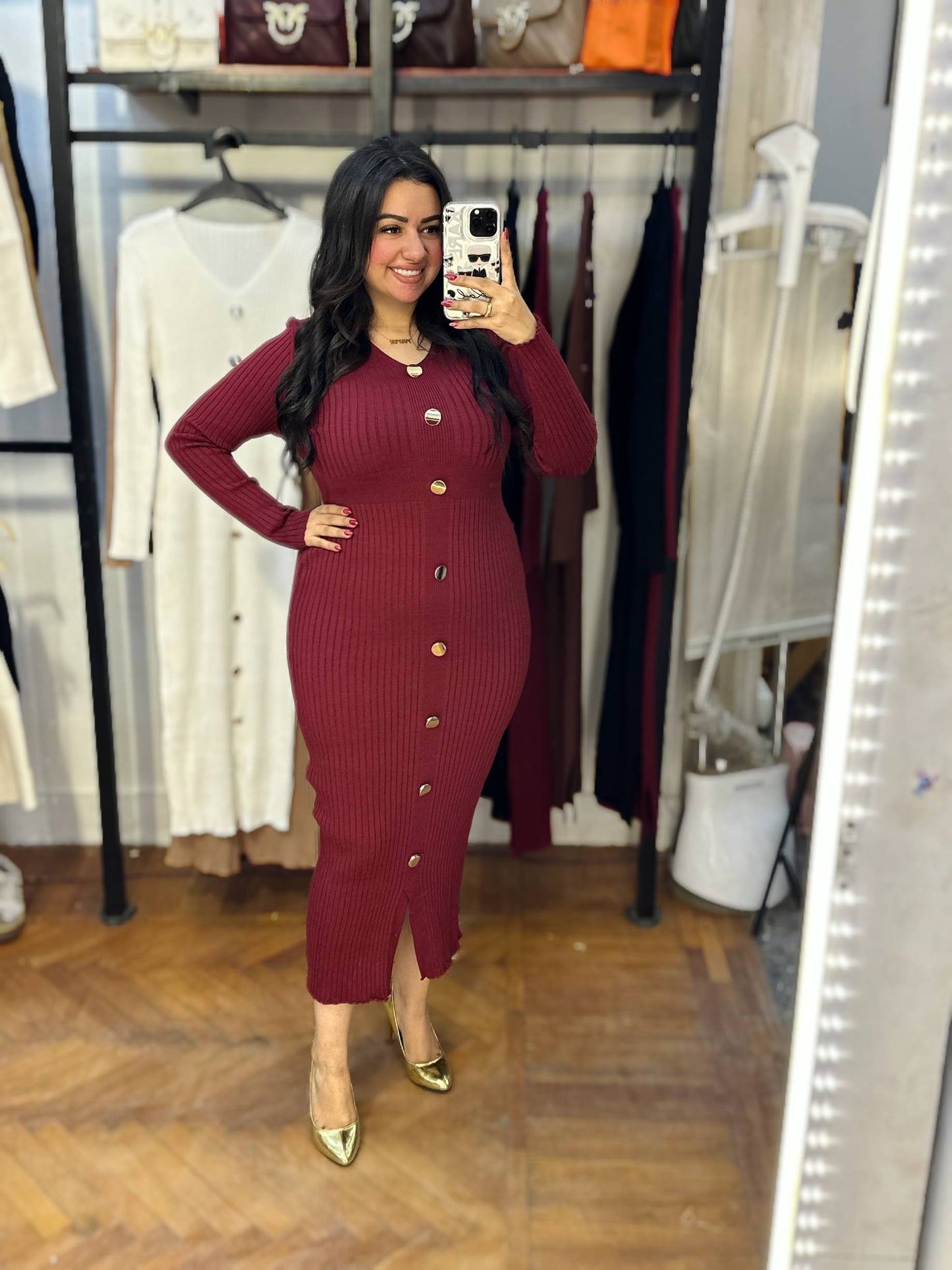 Basic Long Knit Dress with Gold Buttons