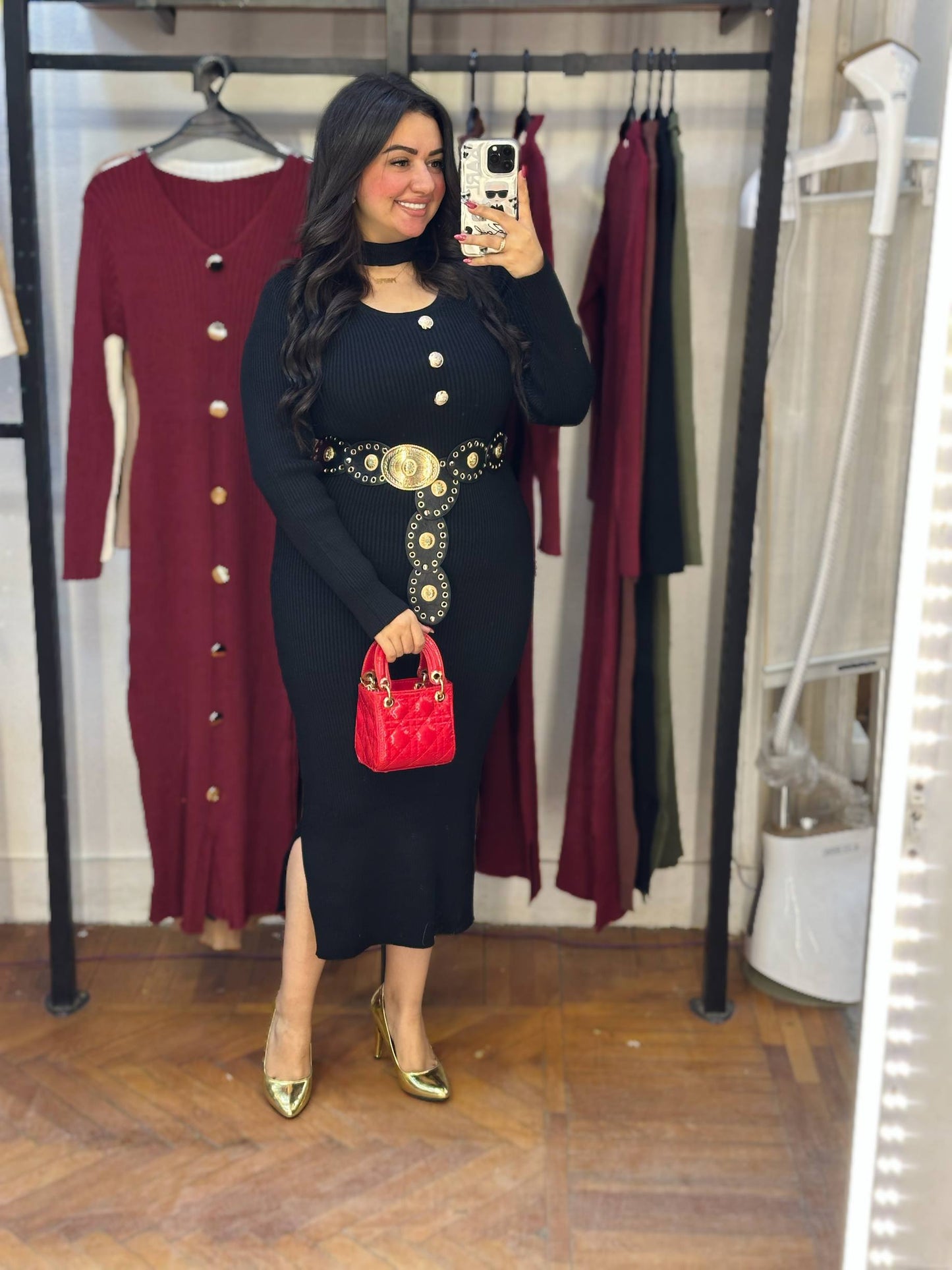 Ribbed Midi Dress with Gold Button Details