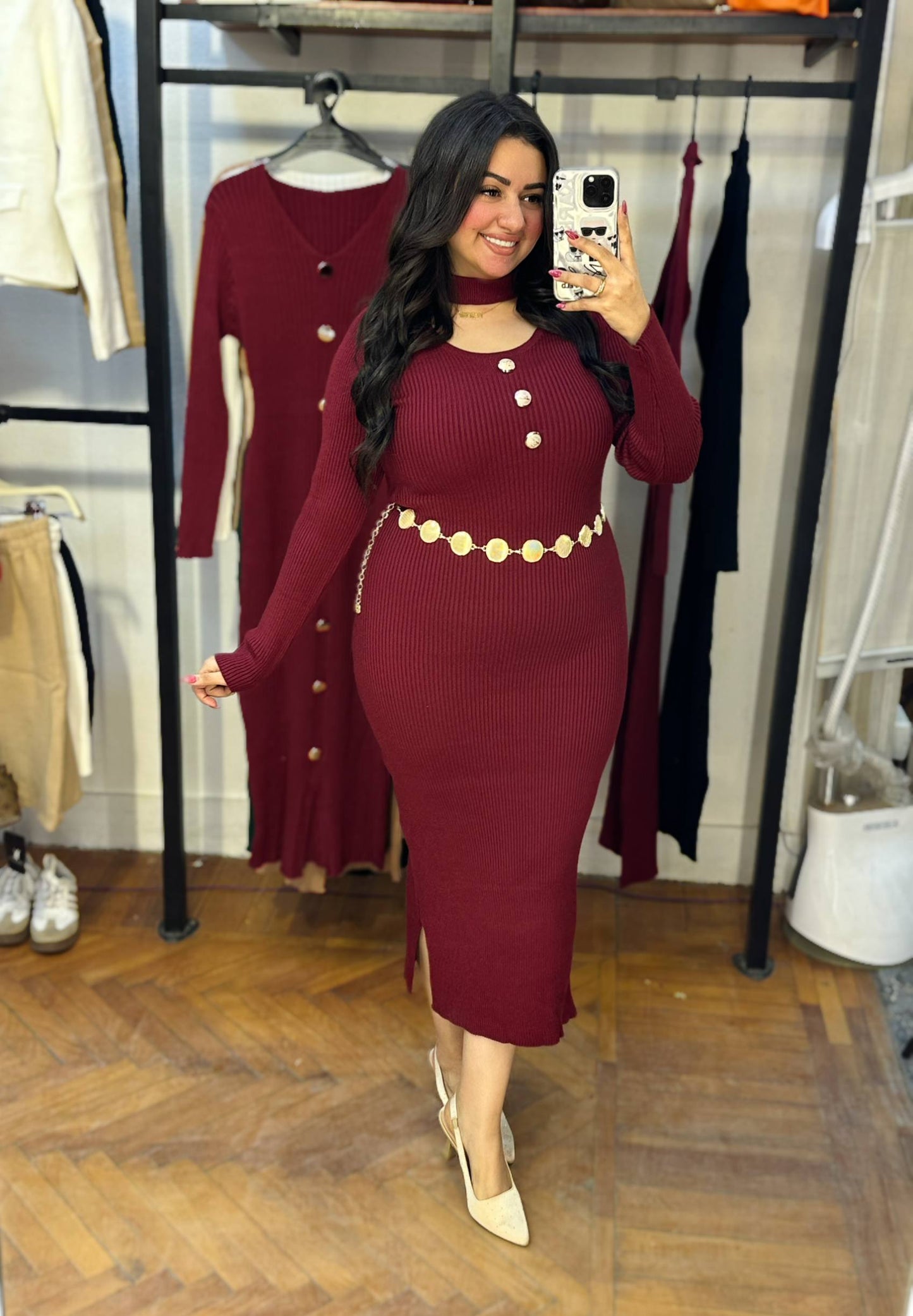 Ribbed Midi Dress with Gold Button Details