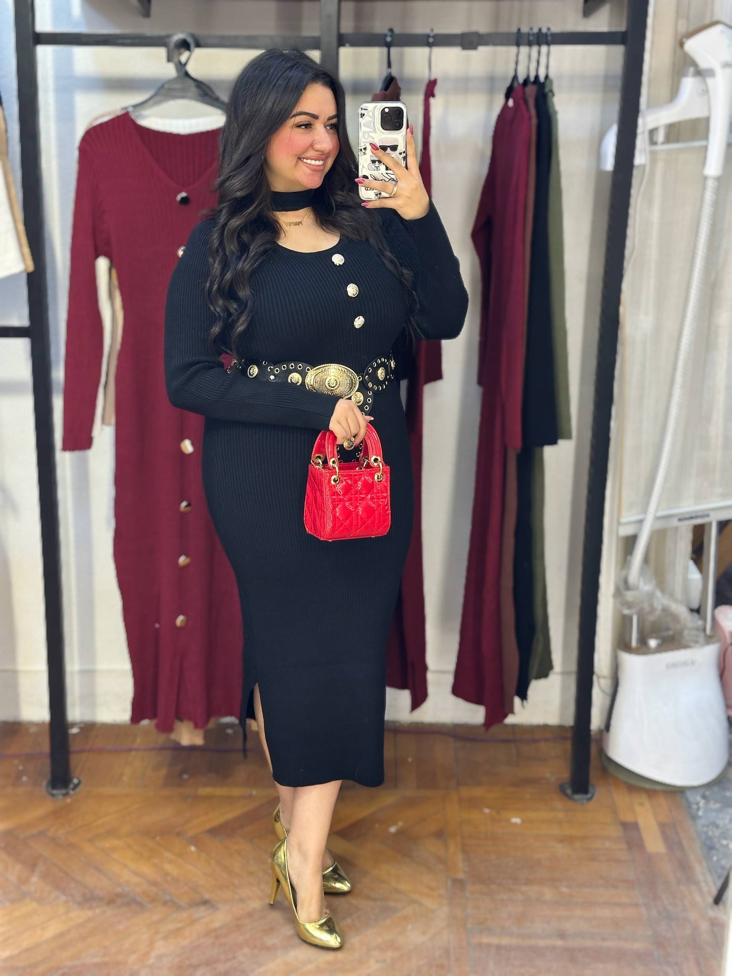 Ribbed Midi Dress with Gold Button Details