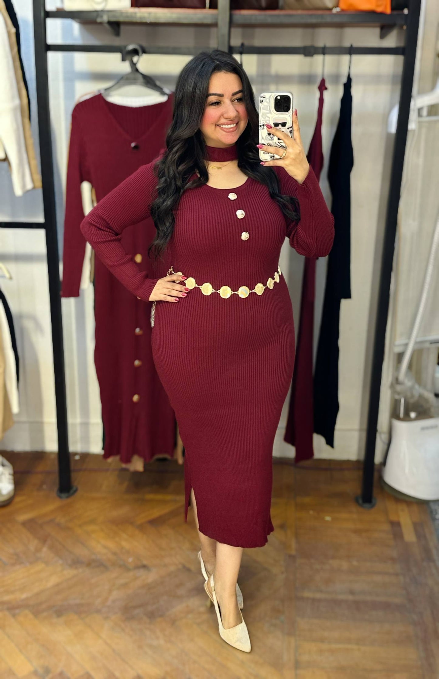 Ribbed Midi Dress with Gold Button Details