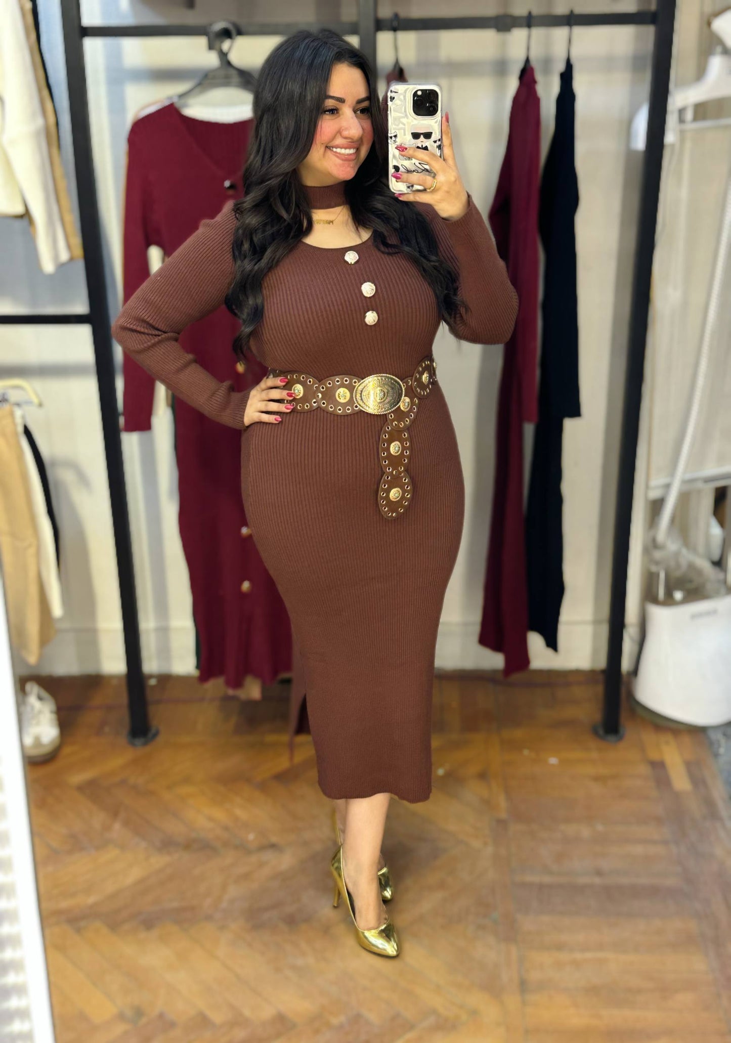 Ribbed Midi Dress with Gold Button Details