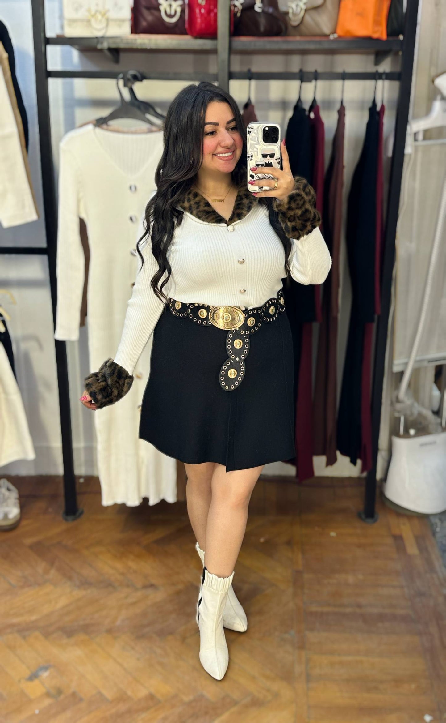 Blouse with Gold Buttons, Collar & Fur-Trimmed Sleeves