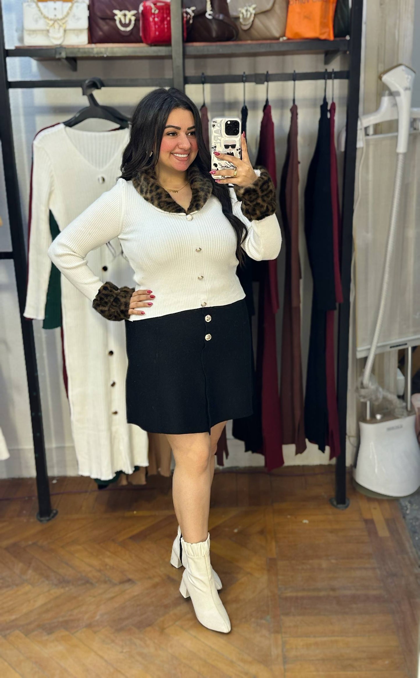 Blouse with Gold Buttons, Collar & Fur-Trimmed Sleeves
