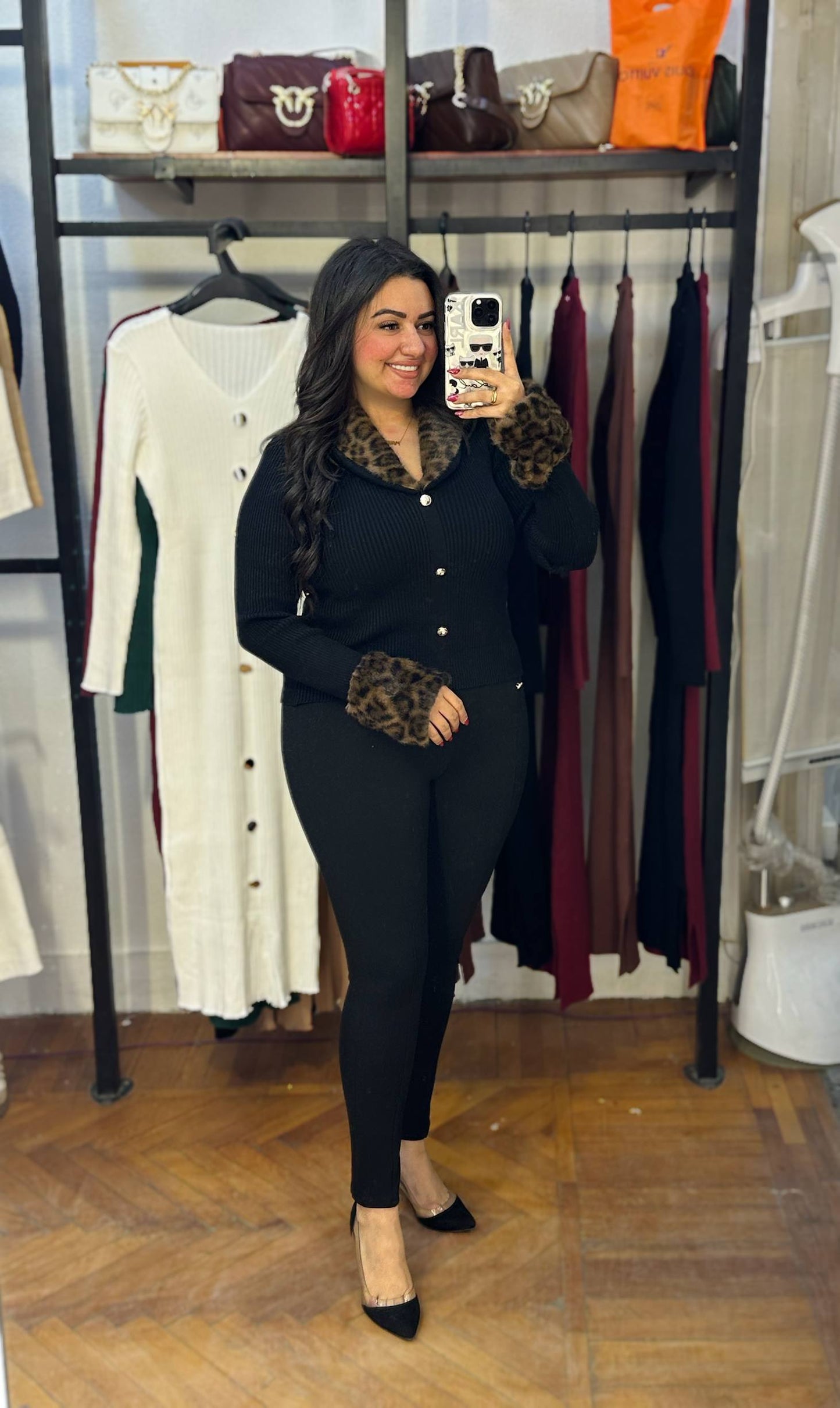 Blouse with Gold Buttons, Collar & Fur-Trimmed Sleeves