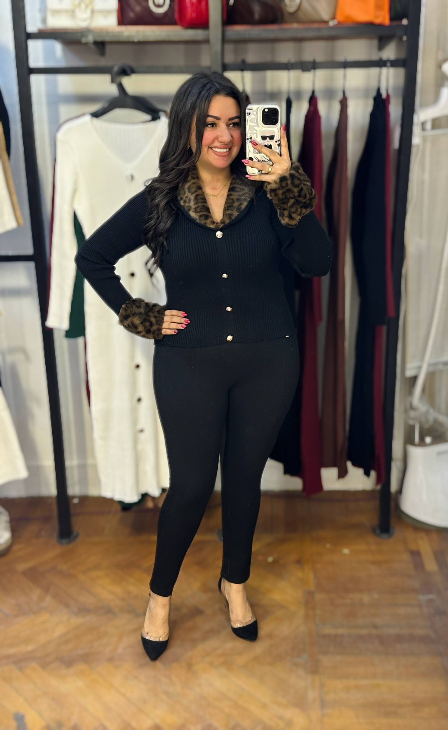Blouse with Gold Buttons, Collar & Fur-Trimmed Sleeves