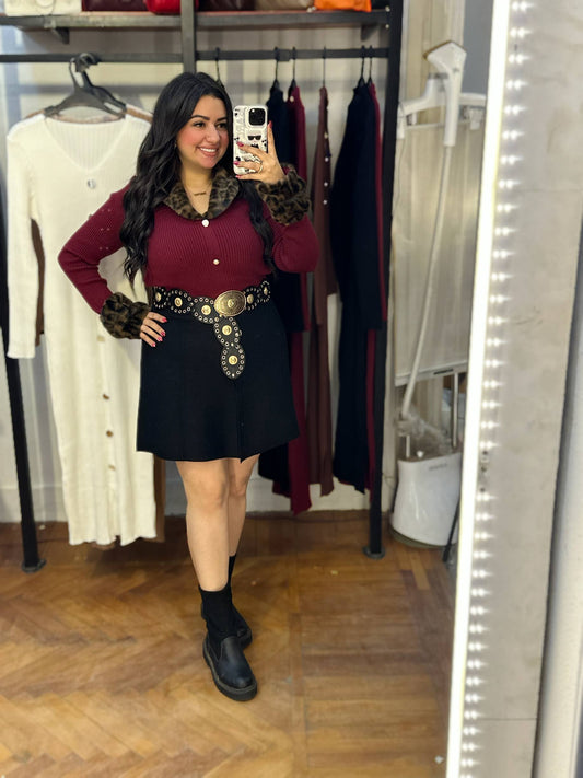 Blouse with Gold Buttons, Collar & Fur-Trimmed Sleeves