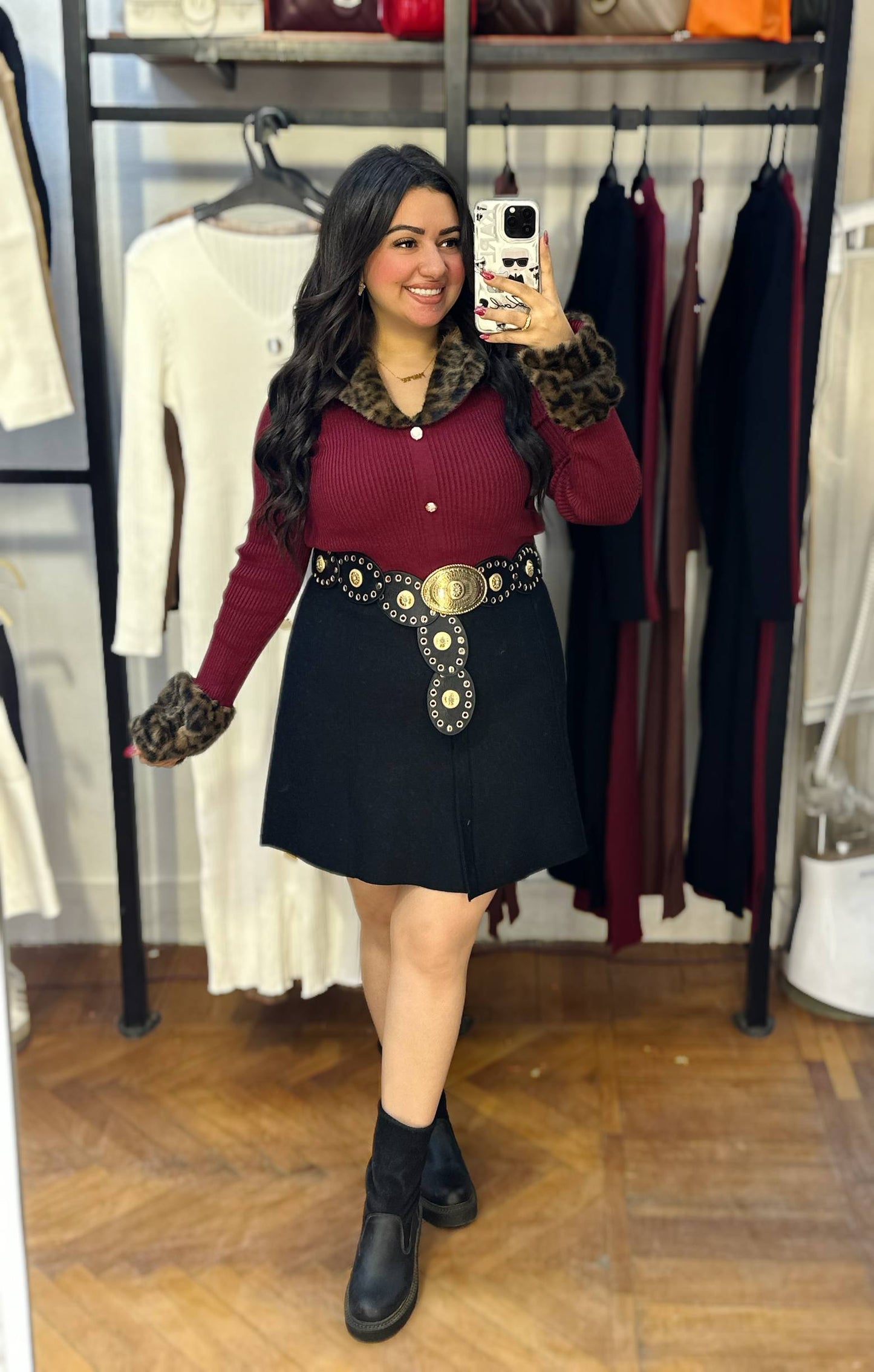 Blouse with Gold Buttons, Collar & Fur-Trimmed Sleeves