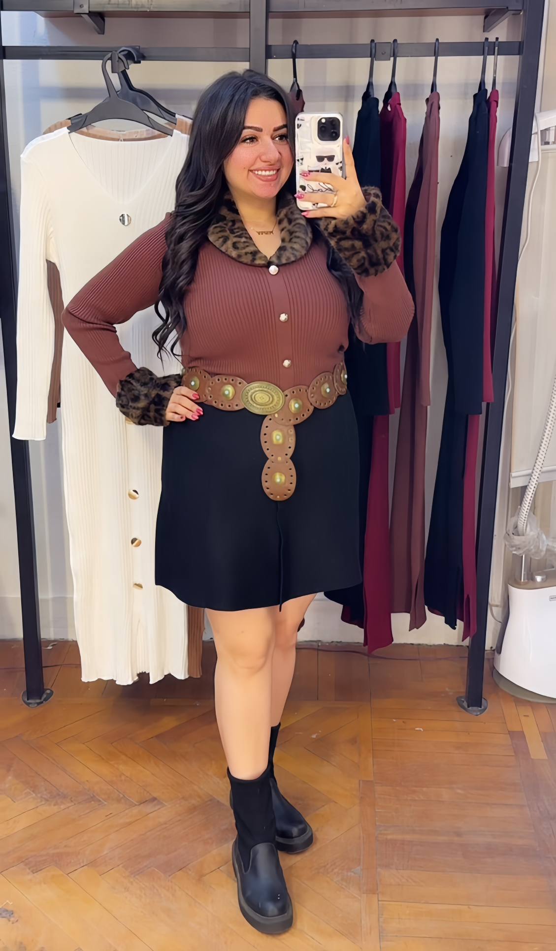 Blouse with Gold Buttons, Collar & Fur-Trimmed Sleeves