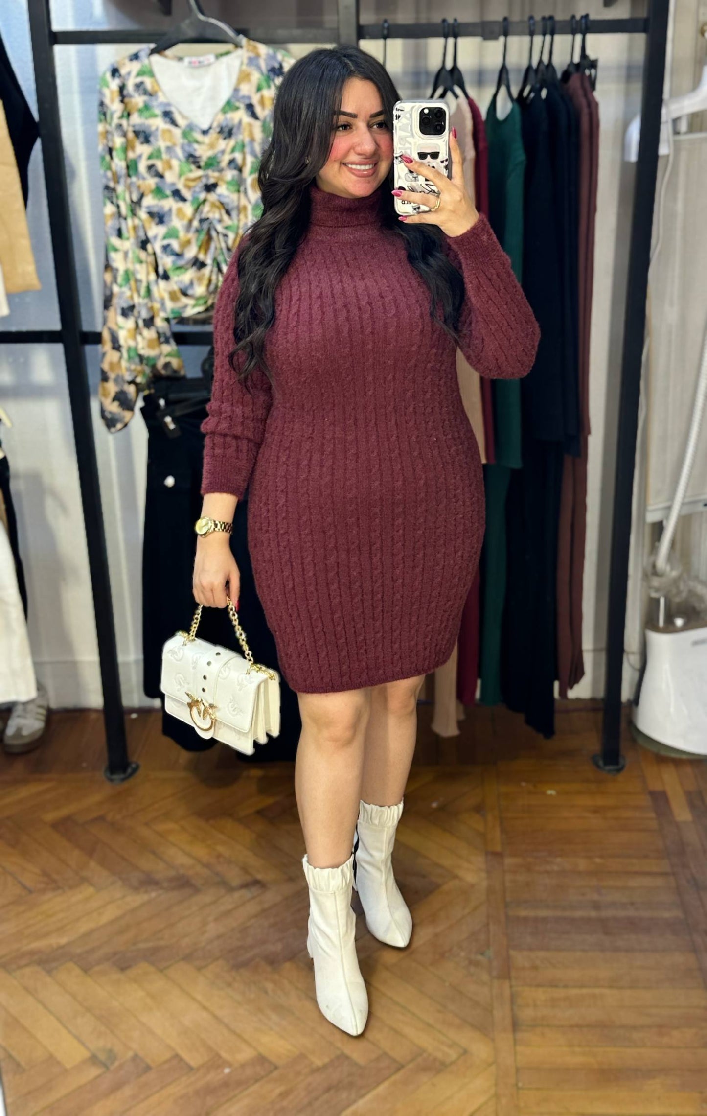High Neck Cable Knit Mini Dress